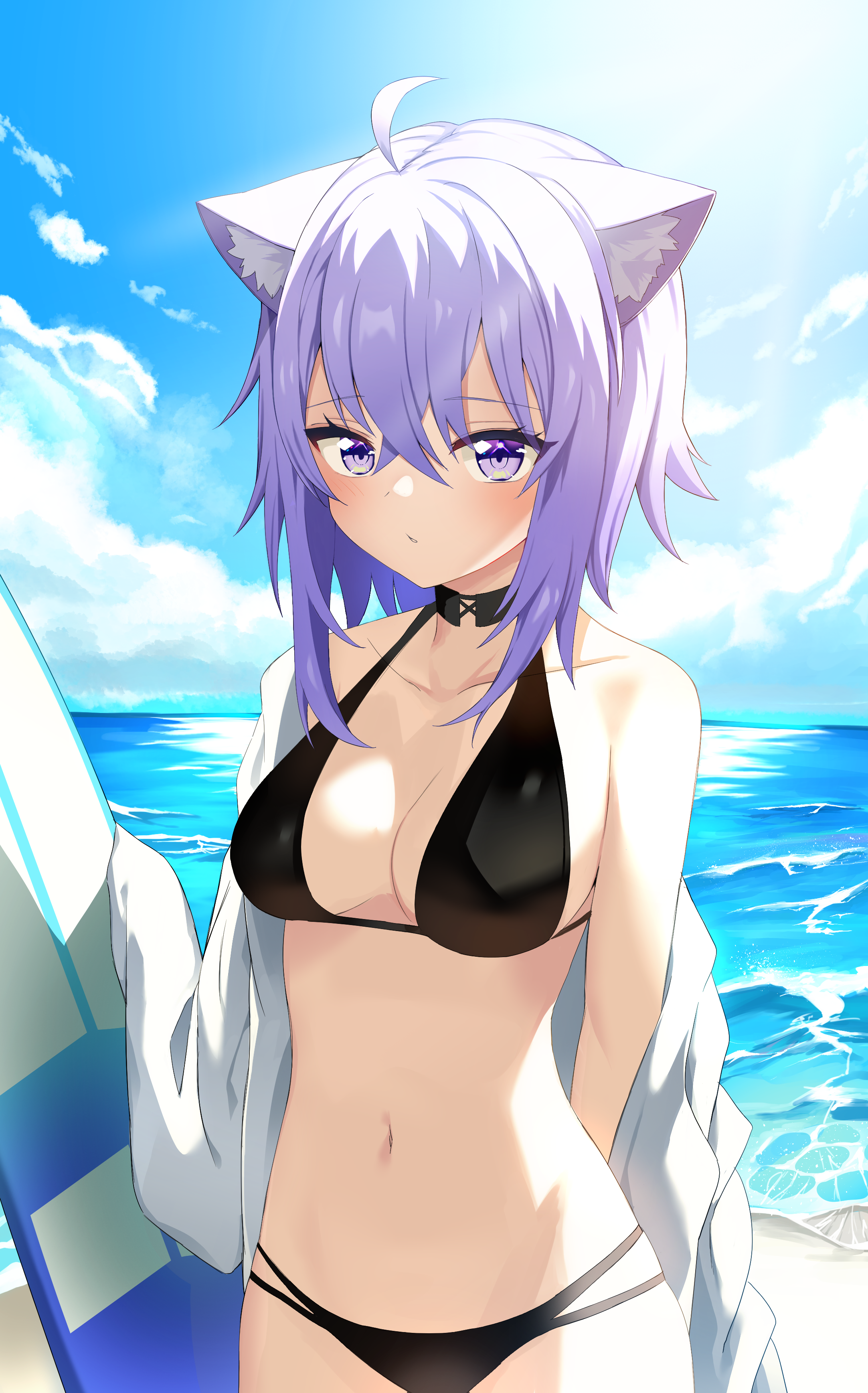 daytime, nekomata okayu, hololive, virtual youtuber, 1female, 1girls, ahoge, animal ear fluff, animal ears, bangs, bare shoulders, beach, belly, belly button, bikini, black bikini, black bikini bottom, black bikini top, blush, breasts, cat ears, catgirl, choker, cleavage, cloud, collar, cowboy shot, day, female, female focus, female only, halterneck, looking at viewer, medium breasts, midriff, navel, ocean, outdoors, outside, purple eyes, purple hair, sand, short hair, sidelocks, sky, solo, solo female, solo focus, standing, stomach, surfboard, swimsuit, swimwear, towel, water, white towel, 