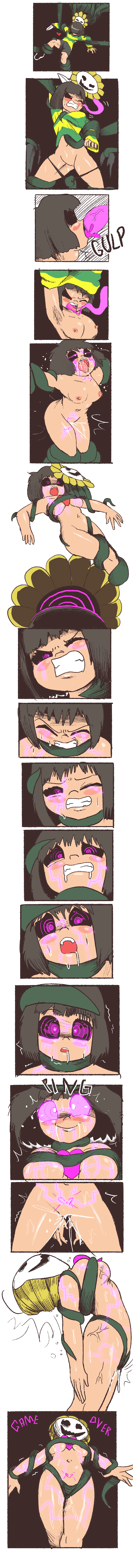 absurdres before_and_after black_hair blush body_control breasts chara comic corruption cum cum_in_pussy female female_chara femsub flower flower_creature flowey flowey_the_flower force_feeding game_over happy_trance heart hypnosis knife limp mind_break mind_control open_mouth orgasm plant plant_control plant_tentacles possessed possession pstash purple_eyes pussy pussy_juice red_eyes resisting restrained simple_background spiral_eyes spit_trail squirting straight sweat sweater symbol_in_eyes tattoo text undertale