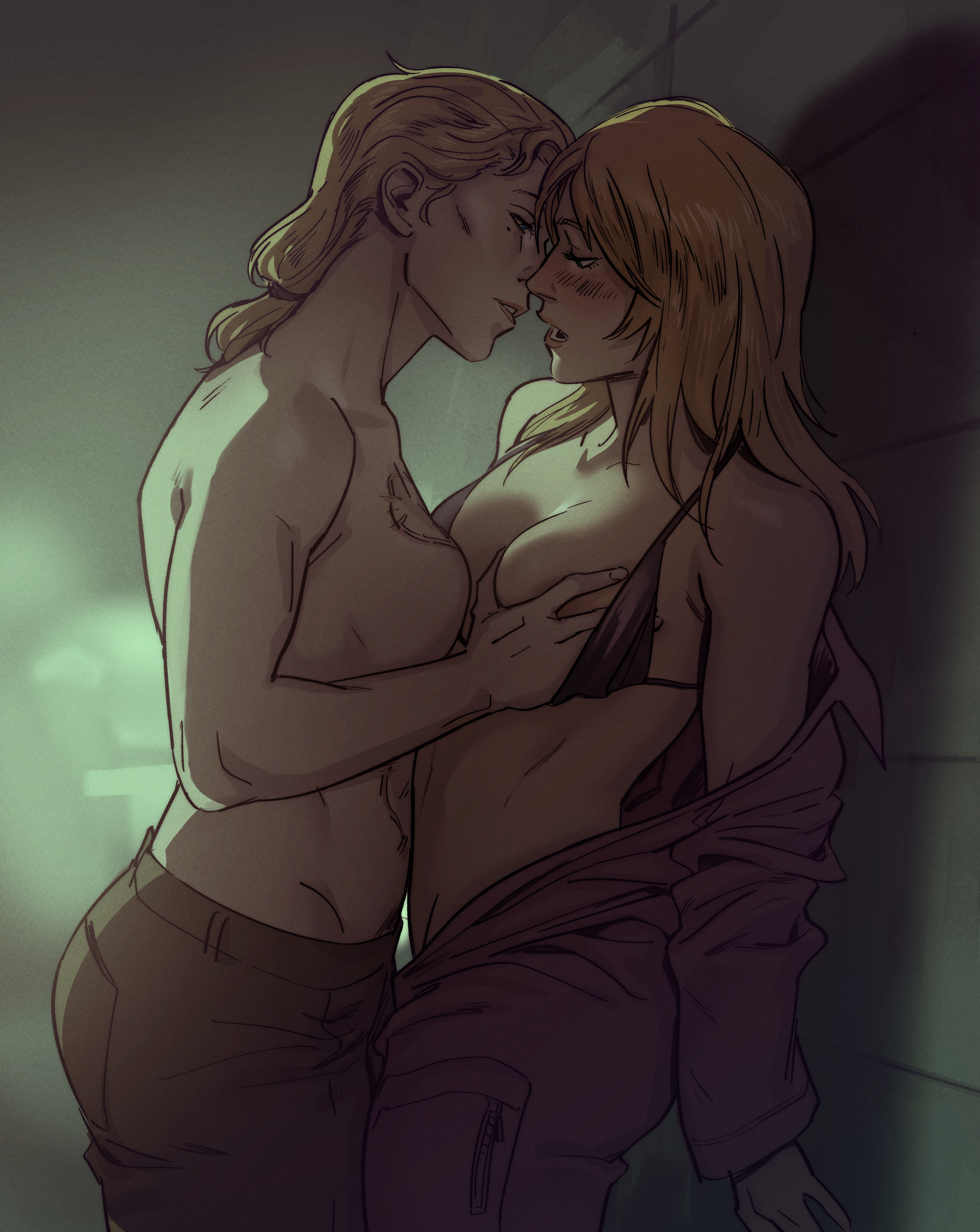 2girls areolae black_bra blonde_hair blue_eyes blush bra bra_pull breast_grab breast_press breasts cleavage color depth_of_field eva_(metal_gear_solid) female half-closed_eyes highres imminent_sex inner_sideboob lighting long_hair looking_at_partner looking_pleasured metal_gear metal_gear_solid metal_gear_solid_3 mole mole_under_eye muscular muscular_female open_clothes open_jacket partially_clothed rhabarberei romantic romantic_couple scar scar_on_chest scar_on_stomach sideboob smile the_boss tied_hair topless undressing undressing_another yuri