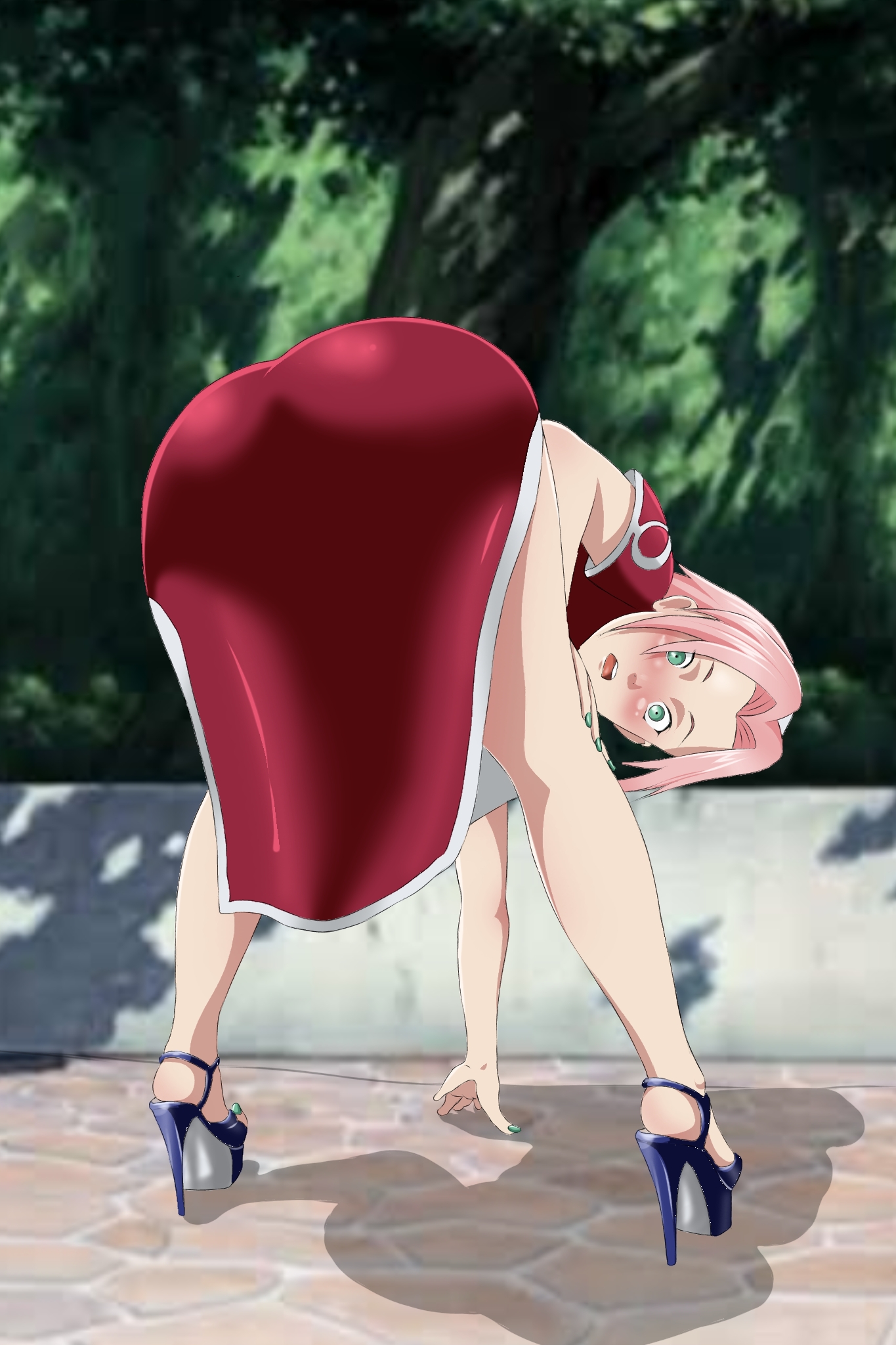 Sakura bent over