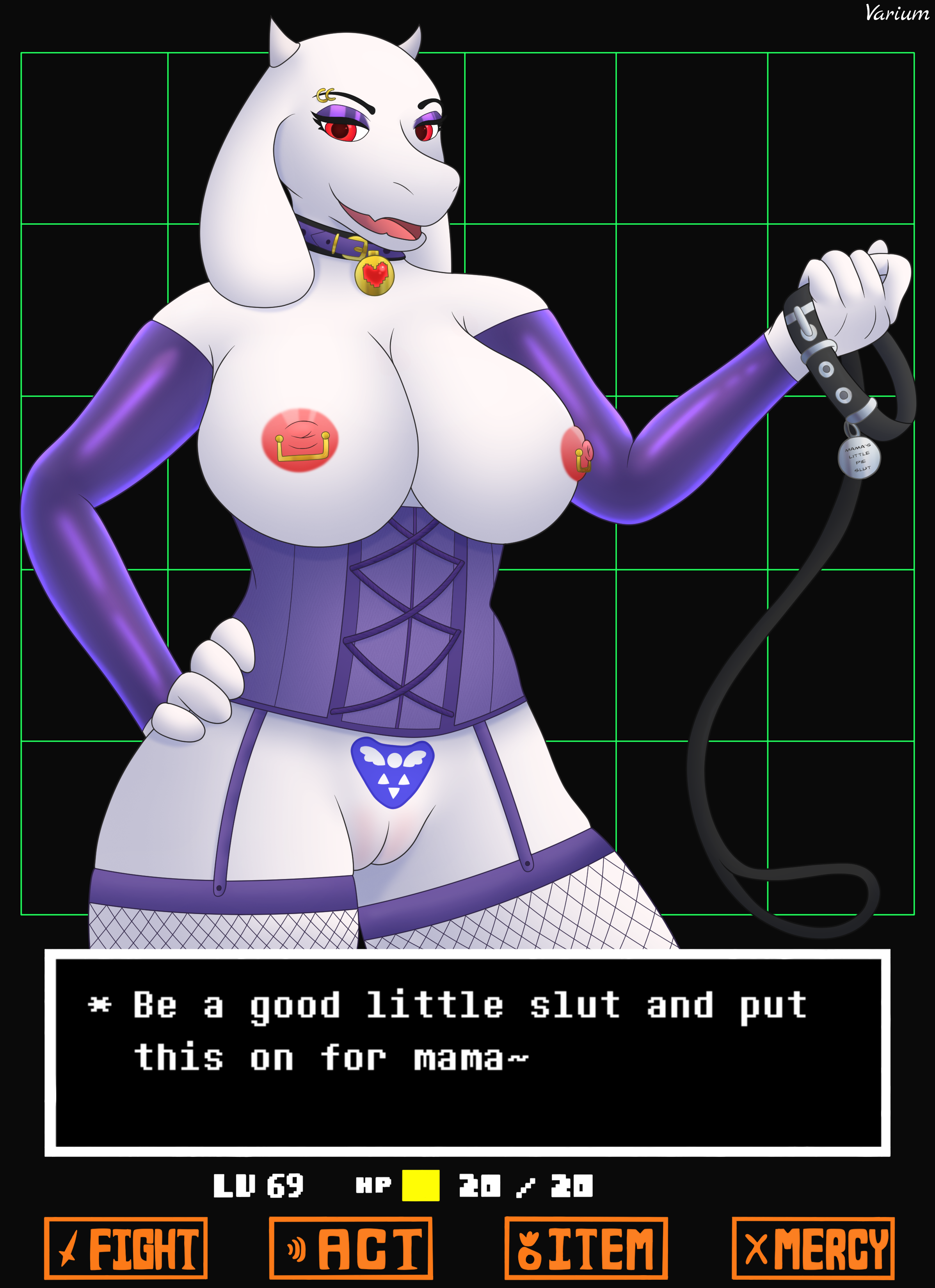 absurd_res animal_humanoid areola armwear ass big_breasts bovid bovid_humanoid breasts caprine caprine_humanoid clothed clothing collar dialogue digital_media_(artwork) dominant dominant_female dominatrix english_text eyeshadow female fishnet_clothing fishnet_legwear fur furry genitals goat goat_humanoid hair hand_on_ass hand_on_butt hand_on_hip hi_res huge_breasts humanoid jewelry latex latex_armwear latex_clothing leash leashed_collar legwear looking_at_viewer makeup mammal mammal_humanoid monster nipple_piercing nipples open_mouth piercing presenting pubic_tattoo purple_eyeshadow pussy red_eyes ring_piercing rubber_clothing simple_background smile smug smug_face solo teasing teasing_viewer text thick_thighs thigh_highs tight_clothing topwear toriel undertale undertale_(series) varium wide_hips