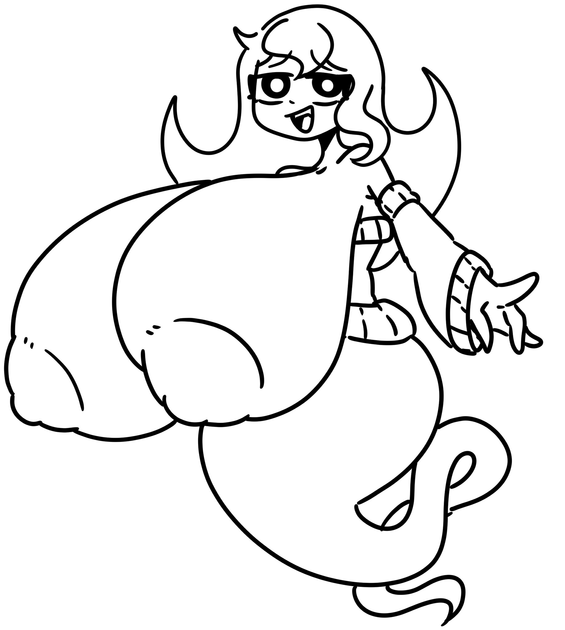 line art, bottomless, breasts, breasts bigger than head, female, ghost, happy, inakotho, long hair, malica (metaskei), nipples, sweater, tail, wide hips, 