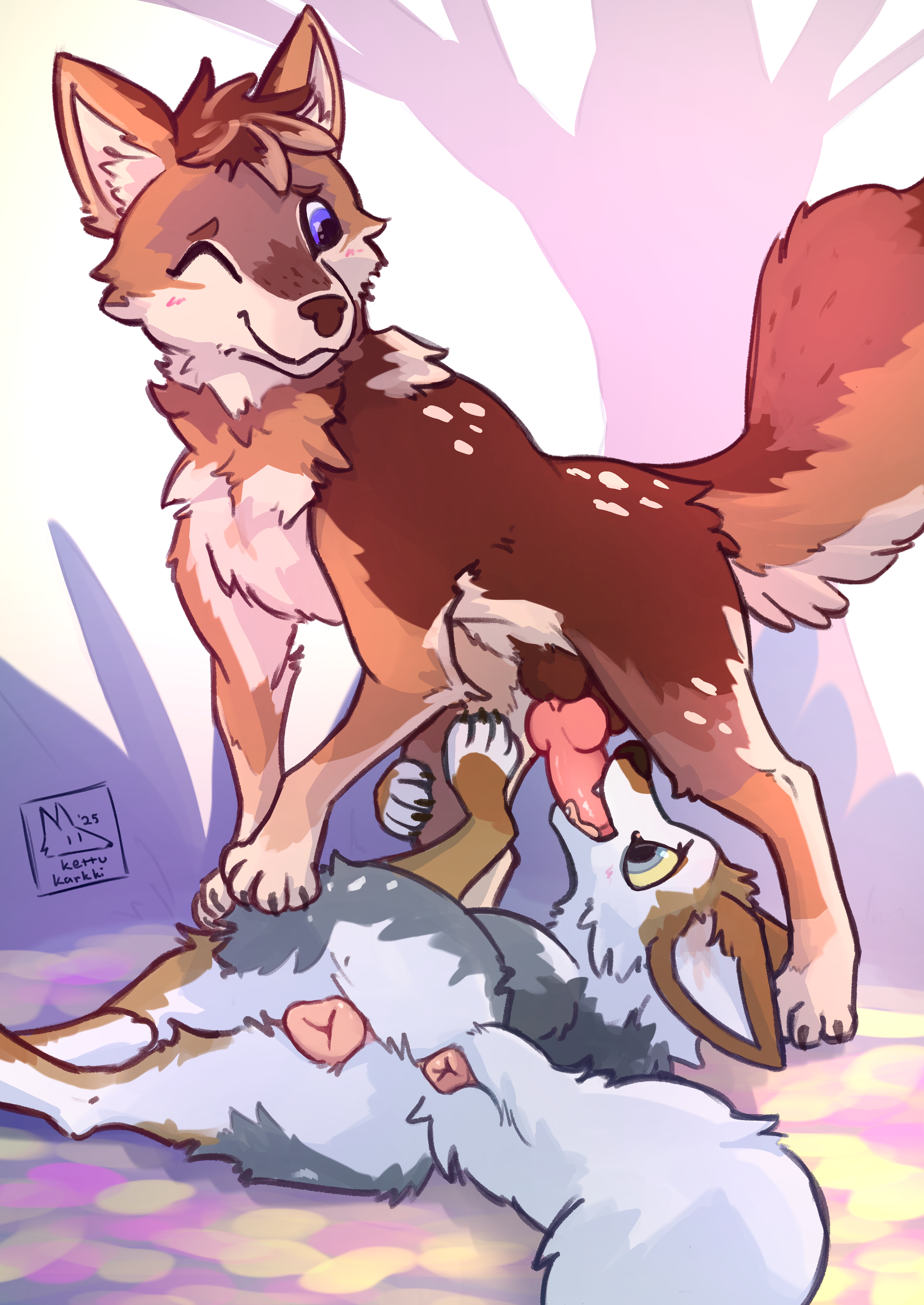 2025 absurd_res animal_genitalia animal_penis animal_vulva anus ass blush blush_lines brown_body brown_fur canid canine canine_genitalia canine_penis canine_vulva canis chest_tuft coyote duo fellatio female female_penetrated feral feral_on_feral fluffy fluffy_tail fur genitals grey_body grey_fur head_tuft hi_res kalyssto kettukarkki knot knot_root lying male male/female mammal on_side on_top_of one_eye_closed oral orange_body orange_fur outside penetration penile penis quest_(kryotea) rear_view servicing_from_below sex tail tan_body tan_fur tongue tongue_out tongue_out_fellatio tuft white_body white_fur