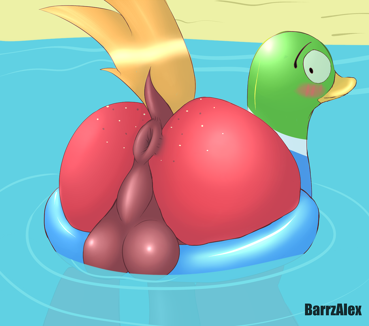 barrzalex, big macintosh (mlp), friendship is magic, my little pony, anus, balls, blonde hair, blush, drowning, earth pony, equine, fur, hair, male, male only, mammal, perineum, pony, puffy anus, raised tail, red fur, sand, solo, tube, water, what, 