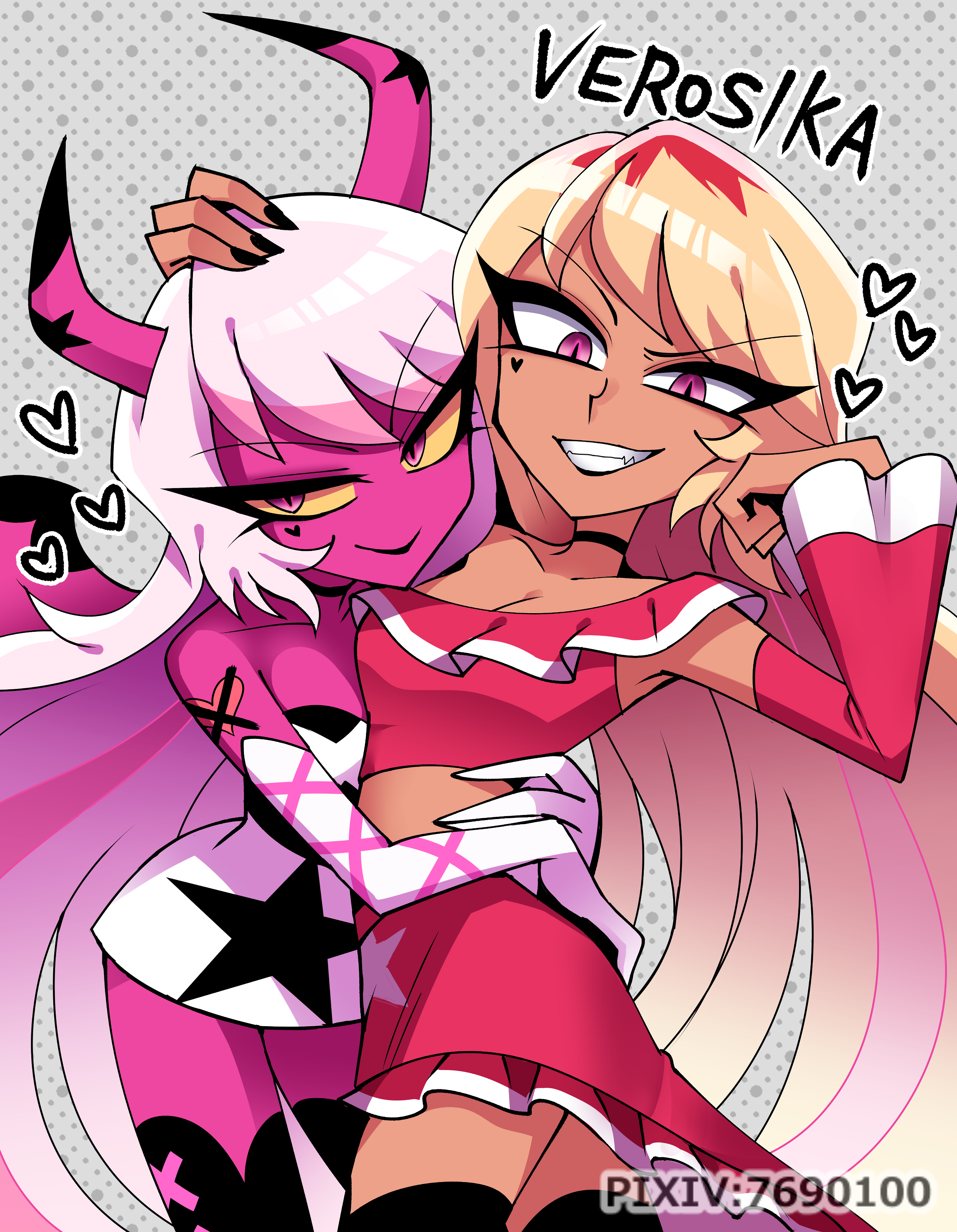 helluva boss, tagme, 2girls, brown body, human verosika mayday, long hair, pink body, pink eyes, pink hair, red clothing, smile, succubus, succubus tail, succubus wings, verosika mayday (helluva boss), yellow hair, 
