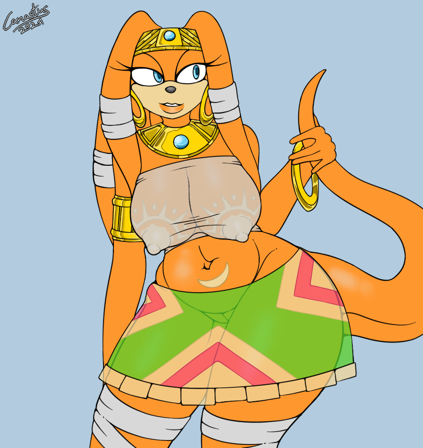 canastus, tikal the echidna, sega, sonic adventure, sonic the hedgehog (series), pose, anthro, bandage, belly, big breasts, bottomwear, breasts, clothing, dreadlocks, ear piercing, ear ring, echidna, female, genitals, jewelry, long tail, mammal, monotreme, navel, nipples, piercing, pinup, pussy, shirt, skirt, solo, tank top, tattoo, thick thighs, topwear, translucent, translucent clothing, tribal, video games, wide hips, 