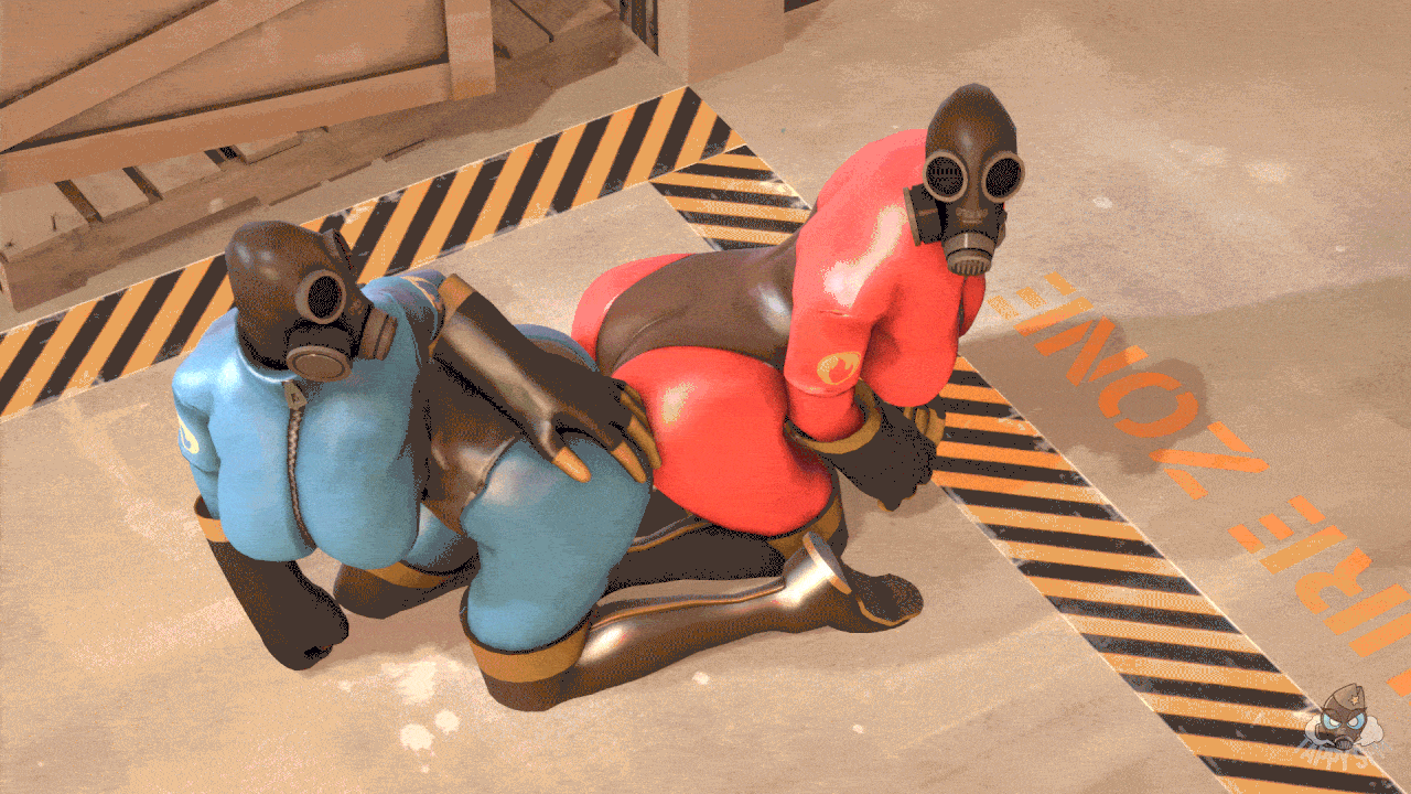 tappysfm, fempyro, pyro, team fortress 2, 3d, animated, source filmmaker, 2girls, ass, big ass, bodysuit, breasts, female, female only, gas mask, hands on ass, hands on hips, hip grab, hips, latex, rubbing, thighhigh boots, thighhighs, 