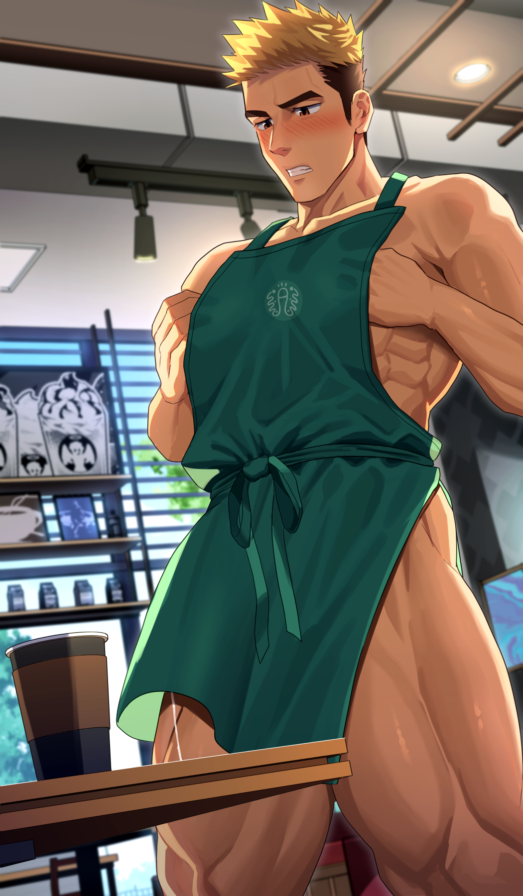 1boy abs apron apron_only ass_visible_through_thighs bara barista beefy biceps blonde_hair blush bottomless brand_name_imitation brown_eyes brown_hair cafe ceiling ceiling_light clenched_teeth coffee coffee_cup collarbone drinks dyed_hair frown gay hi_res hunk indoors izukonohito looking_down male male_only manly masturbation mature_male multicolored_hair muscles muscular muscular_arms muscular_legs muscular_male muscular_thighs nipple_play no_visible_genitalia original original_character pantsless pinching_nipples practically_nude precum precum_drip quadriceps resisting server solo solo_male standing thick_eyebrows two-tone_hair waiter wince yaoi