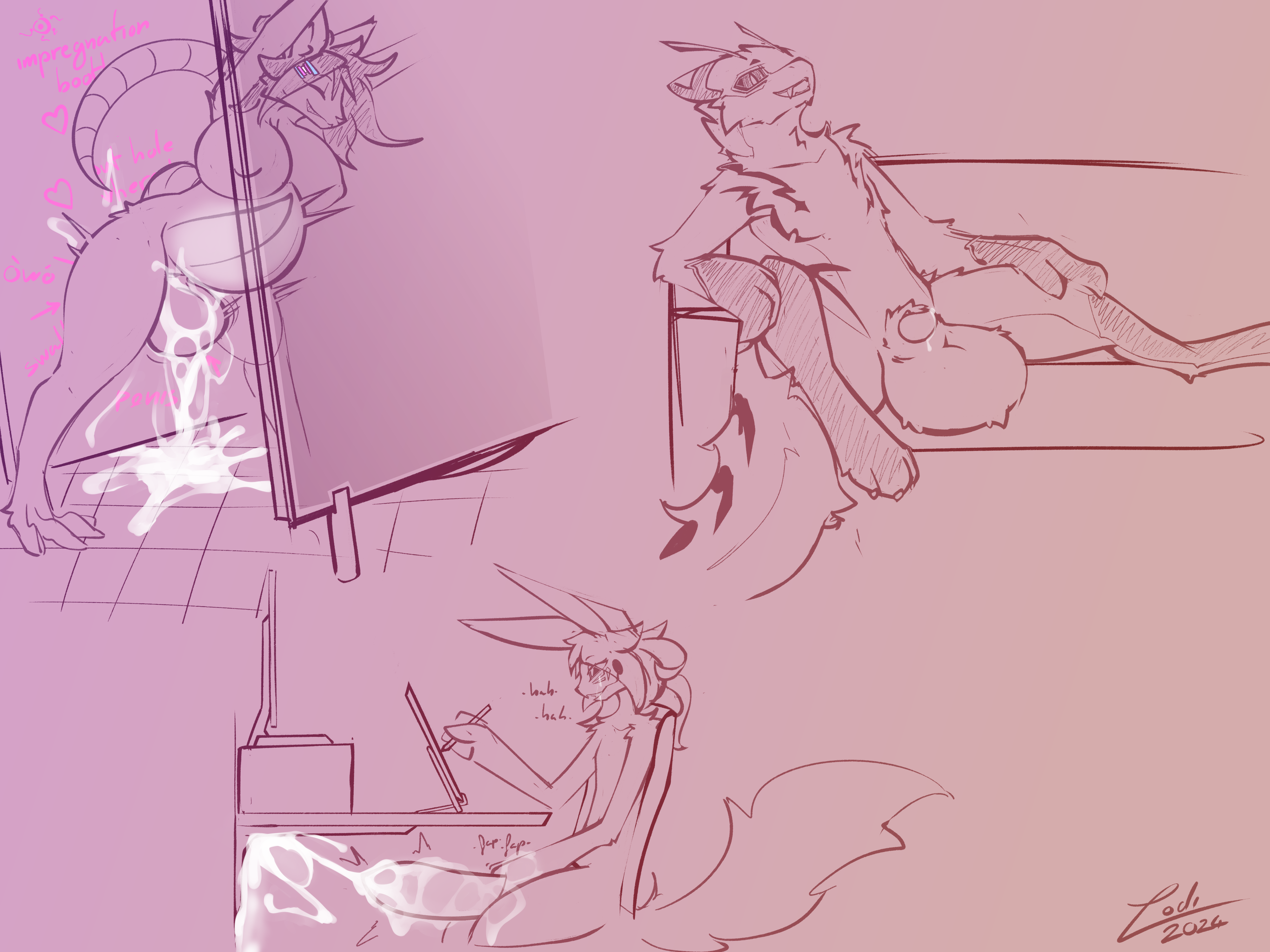 absurd_res american_opossum animal_genitalia antennae_(anatomy) anthro arthropod balls bathroom bee big_balls big_breasts big_penis bodily_fluids breasts cum cum_inside cum_on_balls cum_on_ground cum_on_own_balls cum_on_own_penis cum_on_penis cum_on_self cum_on_wall cum_overflow cum_splatter cumflated_belly cumflation demon desk drawing drawing_tablet english_text erection excessive_cum excessive_genital_fluids felid female fully_sheathed furniture genital_fluids genitals glory_hole hair hi_res huge_balls huge_breasts huge_cock hybrid hyla_(firepawdacat) hymenopteran inflation insects lgbt_pride lodi_(artist) lodi_(character) long_ears long_hair long_tail male mammal markings marsupial masturbation nipples nude pantherine penetration penile penile_masturbation penis pride_colors public public_restroom pussy restroom_stall sheath sitting sofa solo table tail text thick_thighs tiger trans_woman transfem transgender_pride_colors vaginal_penetration virginia_opossum