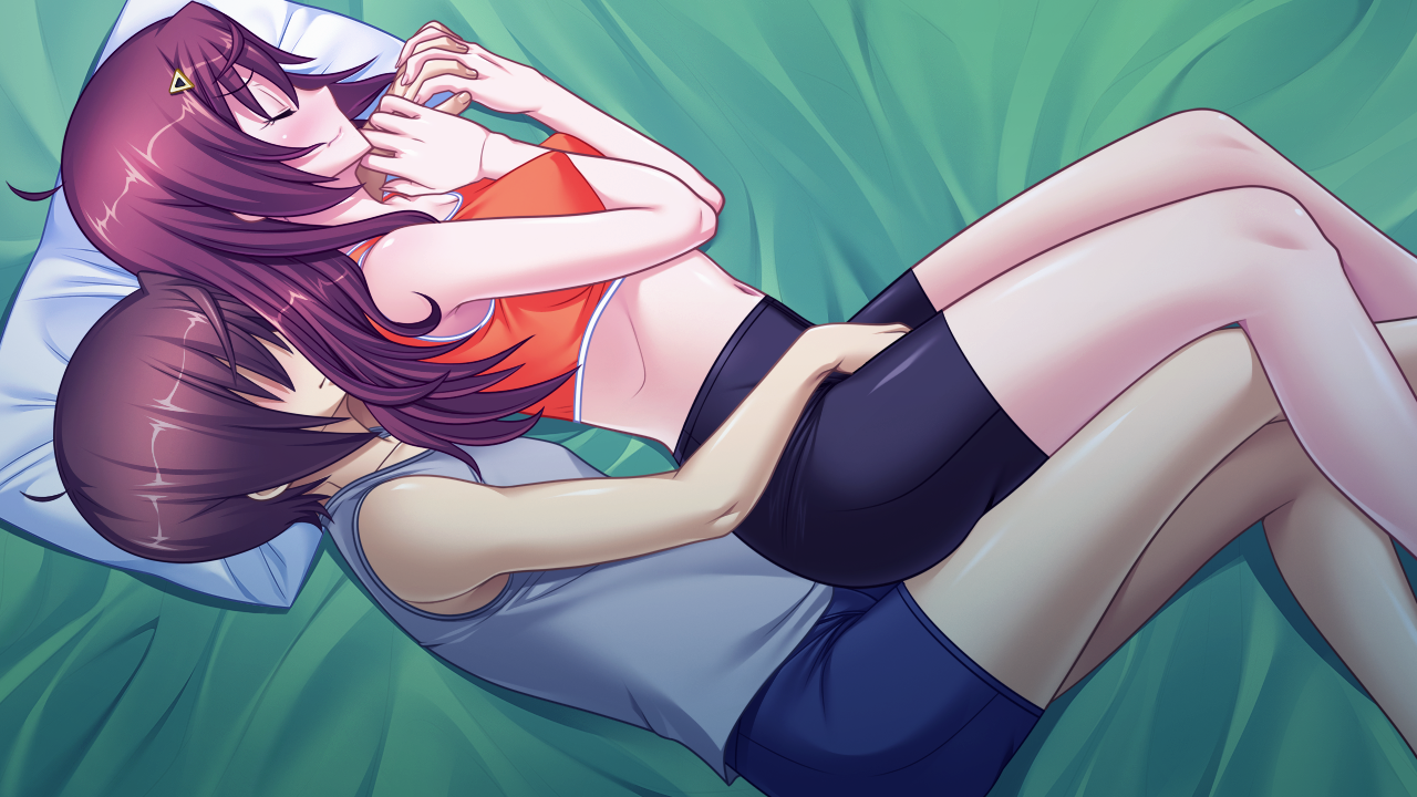 sumeragi yuusuke, game cg, highres, arm between breasts, ass, bed, between breasts, bike shorts, blush, breasts, brown hair, closed eyes, female, fingering, fingering down front, hand holding, large breasts, legs, long hair, lying, midriff, navel, on side, pillow, saiminbo, short hair, thighs, 