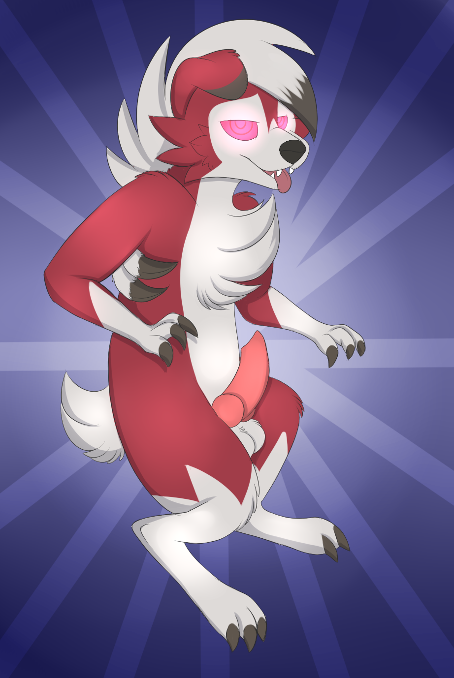 fightmeatpax, lycanroc, midnight lycanroc, nintendo, pokemon sm, 1boy, claws, furry, male, male only, penis, pink eyes, pokemon, solo, testicles, tongue, video games, 