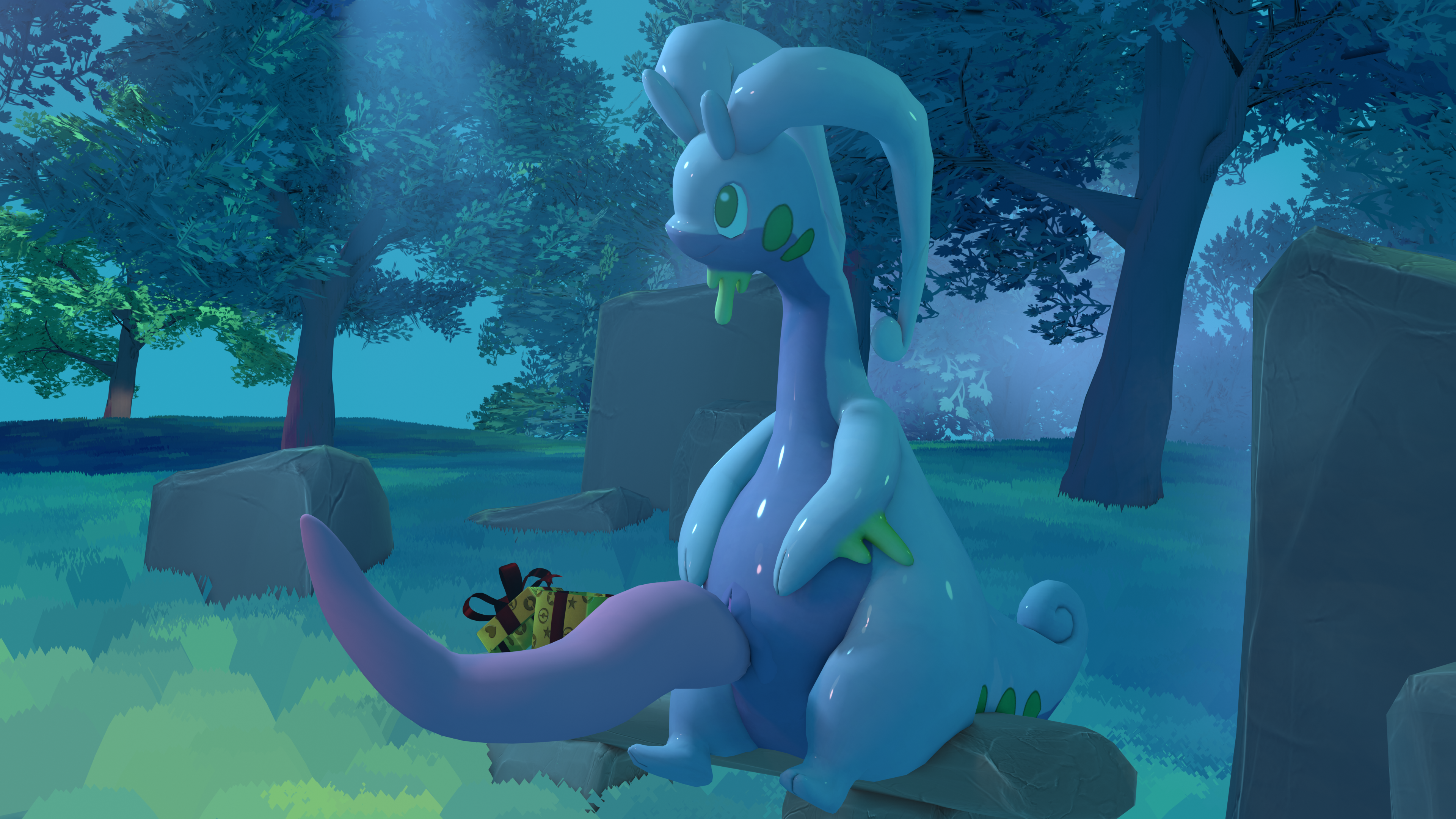 goodra, pokemon (species), nintendo, 16:9, 3d (artwork), 4k, absurd res, digital media (artwork), hi res, animal genitalia, animal penis, anthro, big penis, cetacean genitalia, cetacean penis, dragon, erection, generation 6 pokemon, genitals, goo creature, huge cock, hyper, hyper genitalia, hyper penis, iynize (artist), male, penis, pokemon, slime, solo, tapering penis, thick thighs, widescreen, 