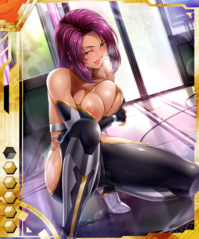 kagami hirotaka, koukawa oboro, taimanin (series), taimanin asagi battle arena, taimanin asagi battle arena all card gallery, bodysuit, breasts, cleavage, large breasts, naughty face, purple hair, pussy juice, squatting, 