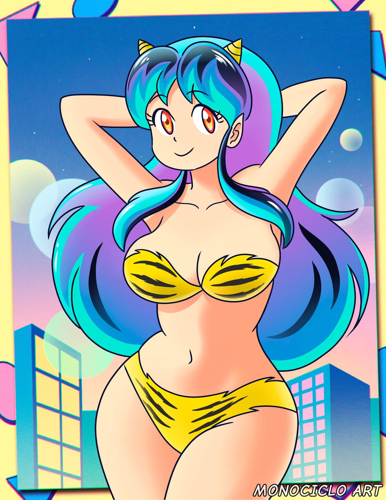 lum, urusei yatsura, hi res, pose, 1girls, animal print, armpits, arms behind head, artist name, big breasts, bikini, breasts, busty, cleavage, female, female only, green hair, large breasts, legs, long hair, navel, orange eyes, posing, smile, solo, swimsuit, thighs, tiger print, 