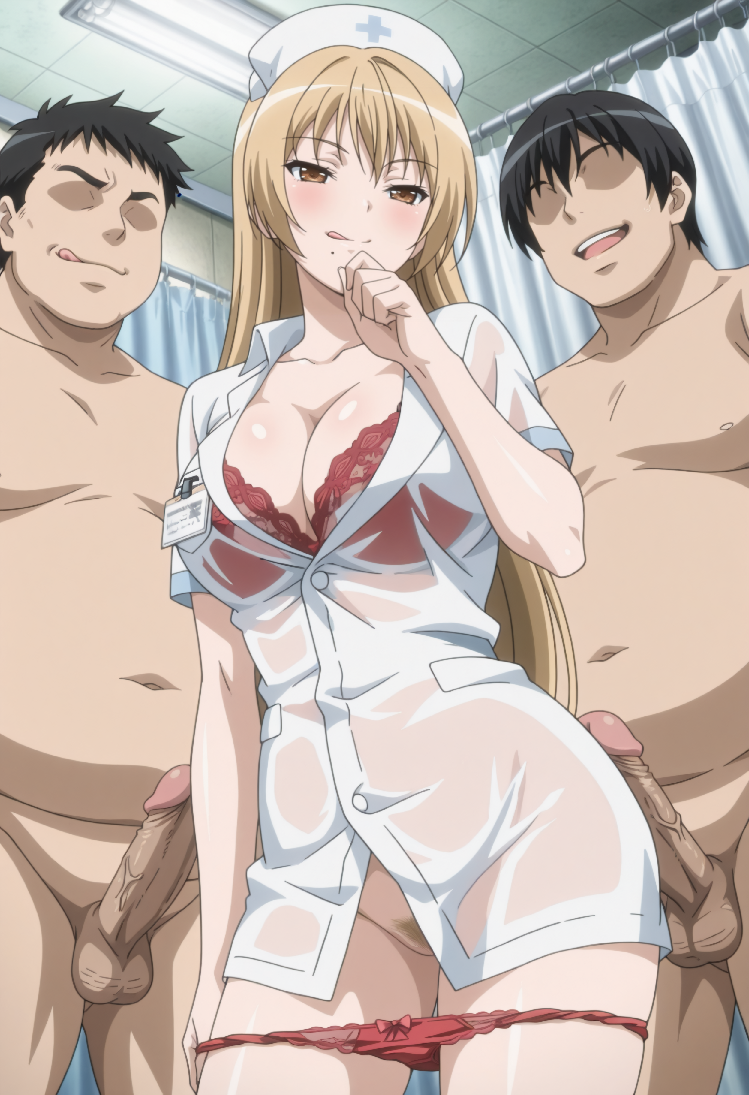 1girls 2boys ai_generated alternate_costume beauty_mark bedroom before_sex black_hair blonde_hair blush breasts breasts_out clothing_pull cowboy_shot curtains curvaceous curvy curvy_body curvy_female curvy_figure exposed_breasts eyeless_male faceless_male female female_only flashing flashing_breasts high_resolution hospital hospital_bed ichinose_riko imminent_sex imminent_threesome indoors licking_lips light-skinned_female light_skin long_hair looking_at_viewer mole mole_under_mouth multiple_boys naughty naughty_face naughty_smile nurse nurse_cap nurse_clothing nurse_hat nurse_uniform open_clothes overweight overweight_male panties panties_down presenting presenting_breasts pulled_by_self ran_sem ran_sen_hakudaku_delmo_tsuma_no_miira_tori red_bra red_lingerie red_panties rin_x_sen_+_ran_-_sem_cross_mix smile solo solo_focus stockings sweat swept_bangs unbuttoned_shirt uncensored undressing unprofessional_behavior upper_body wet wet_clothes wet_skin white_cap white_dress yellow_eyes