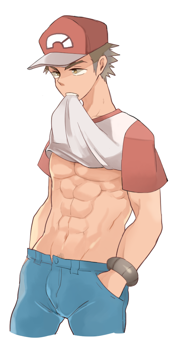 artist request, red (pokemon), red (pokemon sm), nintendo, pokemon sm, white background, 1boy, abs, bracelet, brown eyes, brown hair, denim, hat, human, looking away, male, male only, mouth hold, muscle, muscular, navel, pants, pokemon, pubic hair, shirt, shirt lift, short hair, solo, standing, teeth, undressing, 
