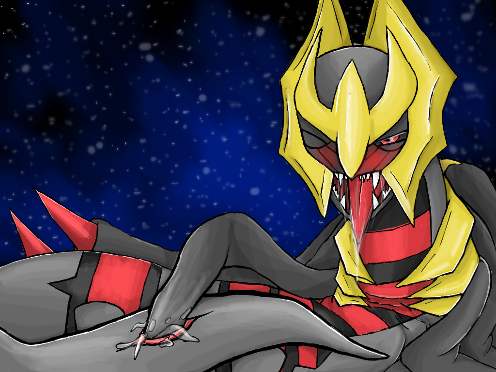 giratina (artist), giratina, legendary pokemon, nintendo, pokemon dppt, 2017, blue background, digital media (artwork), tagme, 1girls, black sclera, black skin, black stripes, blush, claws, cloaca, cloacal masturbation, drooling, fangs, female, female only, feral, fingering, flat chest, grey skin, half-closed eyes, looking away, looking pleasured, masturbation, night, no nipples, nude, on back, one eye closed, open mouth, pokemon, pussy, red eyes, red skin, red stripes, saliva, saliva string, scalie, sky, slit, solo, solo focus, spikes, stars, stripes, tail, teeth, tentacles, tongue, tongue out, yellow skin, 