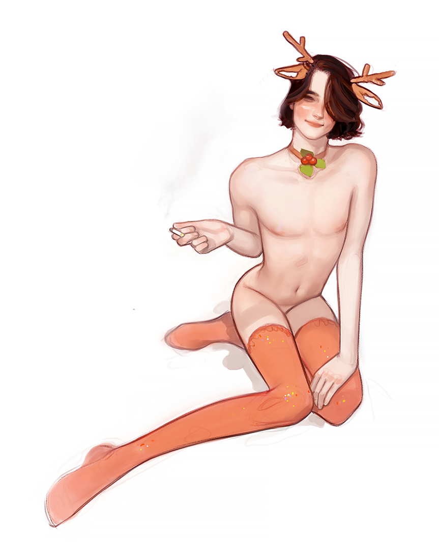 ulrik, christmas, white background, 1boy, areolae, blush, bob cut, femboy, girly, looking at viewer, male, male only, navel, nipple, nude, pale skin, smile, smoking, solo, thighhighs, 