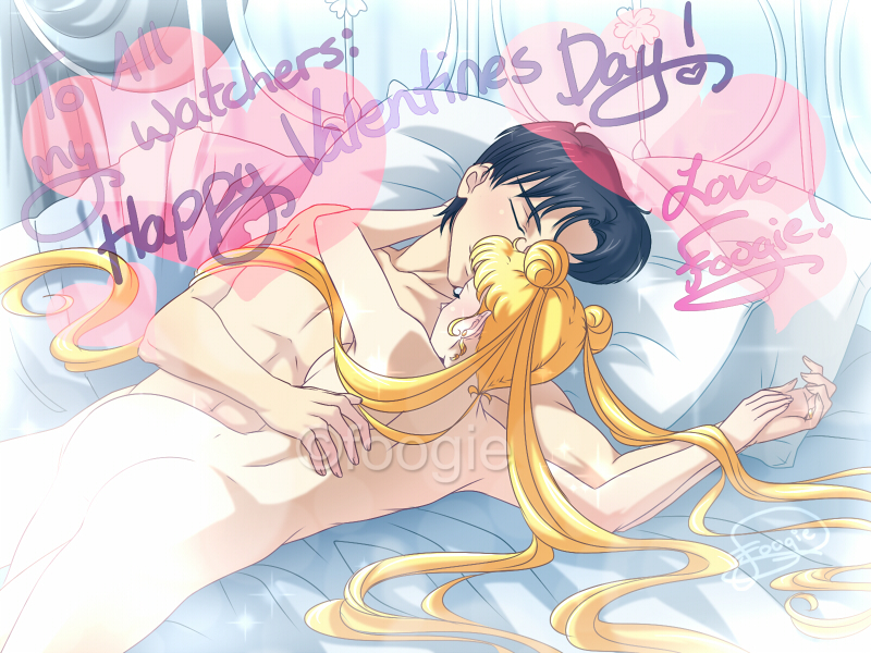 foogie, chiba mamoru, mamoru chiba, sailor moon, tsukino usagi, usagi tsukino, bishoujo senshi sailor moon, afterglow, canon couple, cuddle, cuddling, husband, husband and wife, in bed, married, nude, straight, valentine's day, wife, 