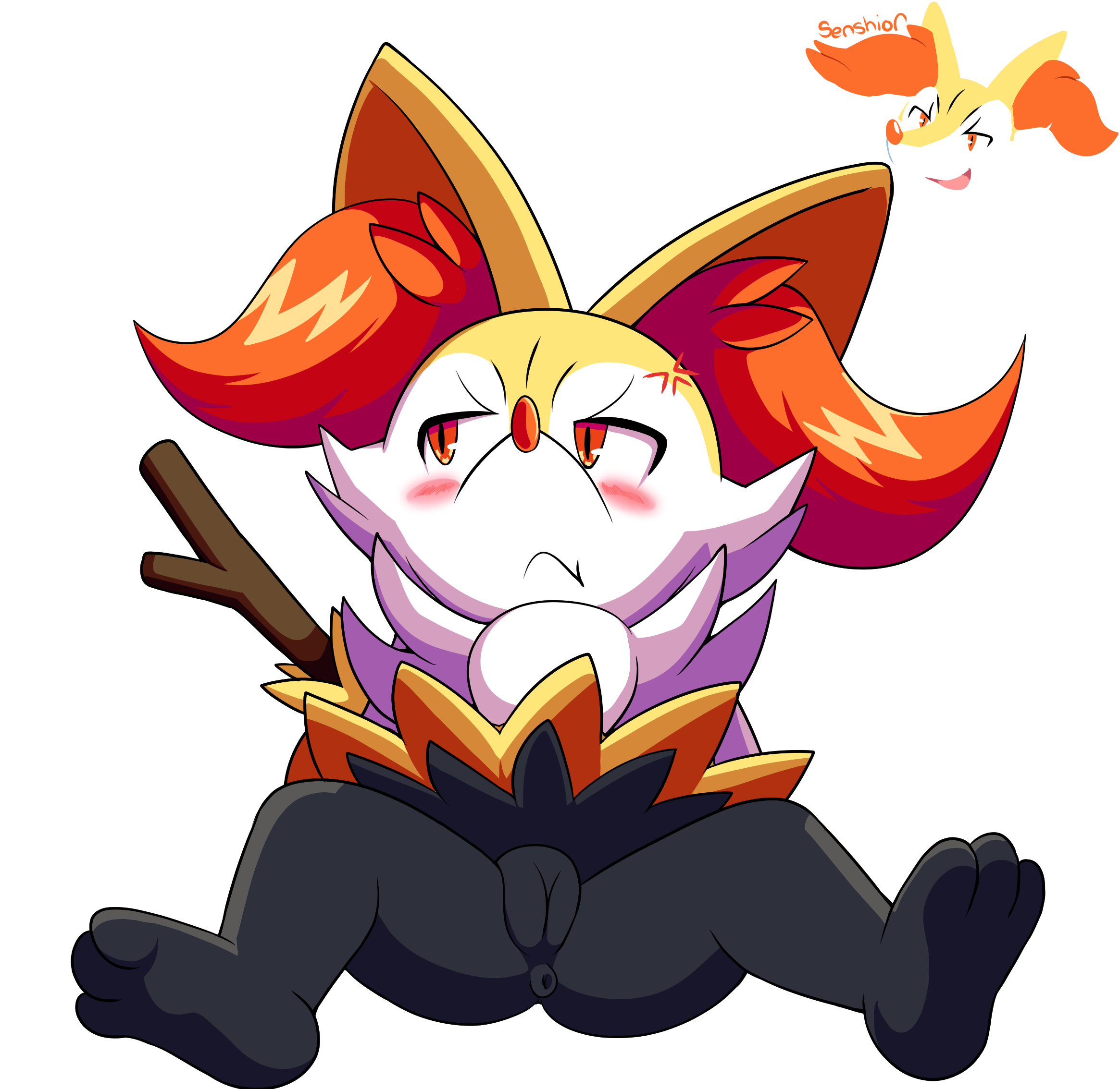 senshion, braixen, nintendo, pokemon xy, 2016, absurdres, hi res, 1girls, 3 toes, alpha channel, angry, anus, ass, black fur, blush, canine, feet, female, feral, fox, furry, half-closed eyes, looking away, nude, open mouth, orange eyes, orange fur, paws, pokemon, pussy, smile, solo, spread legs, stick, toes, video games, white fur, yellow fur, 