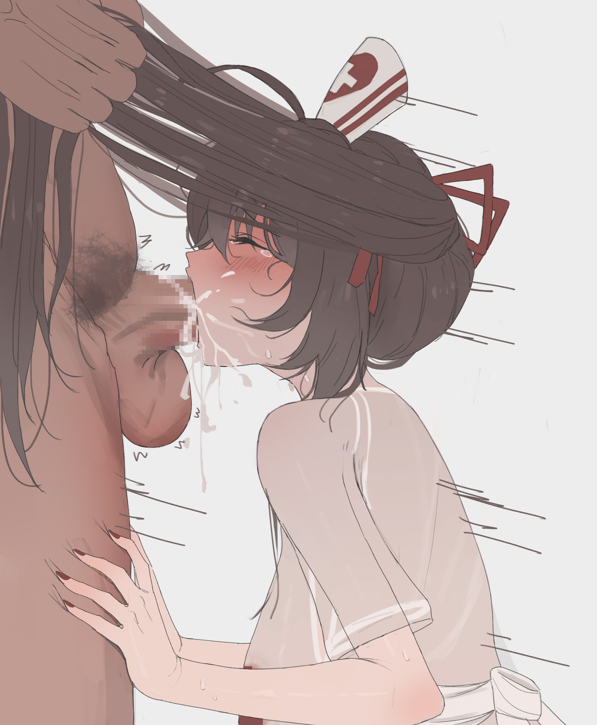 artist request, character request, 1boy, 1girls, asphyxiation, black hair, blowjob, cum in mouth, cum in throat, deepthroat, fringe, gag, gagging, kneeling, nurse, oral, petite, pulling hair, pulling twintails, throat bulge, throat fuck, tight throat, twintails, 