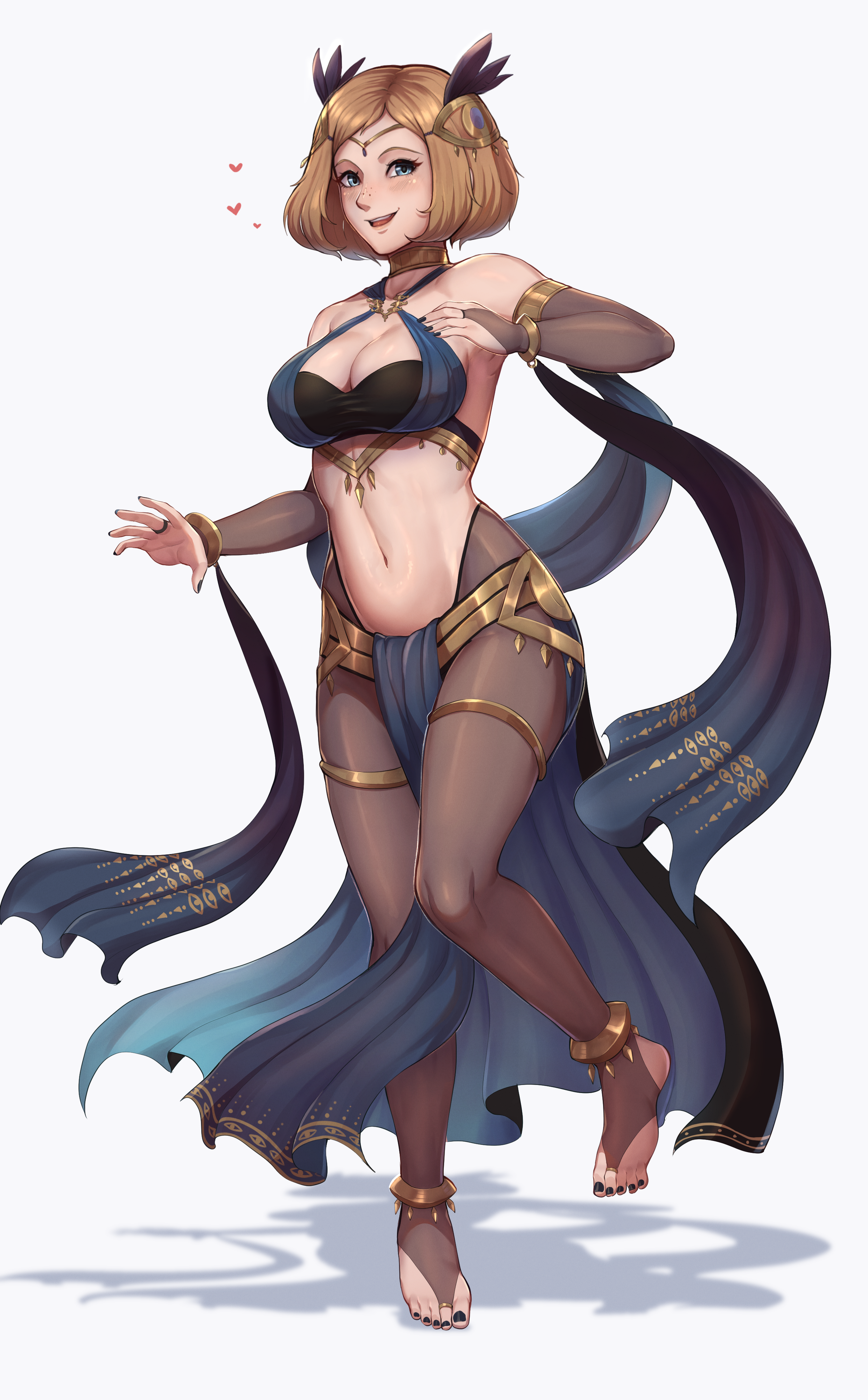 1girls absurdres alternate_costume barefoot black_nails blue_eyes blue_ribbon breasts brown_hair cleavage cosplay dancer dorothea_arnault dorothea_arnault_(cosplay) dorothea_arnault_(plegian) dorothea_arnault_(plegian)_(cosplay) evomanaphy eyelashes eyes_of_grima feather_hair_ornament feathers female fire_emblem fire_emblem_heroes freckles full_body gold_bracelet gold_necklace gold_trim hair_ornament highres jewelry kiran_(fire_emblem) kiran_(fire_emblem)_(female) large_breasts looking_at_viewer medium_hair nail_polish navel necklace nintendo pantyhose plegian ribbon simple_background smile toenail_polish toenails