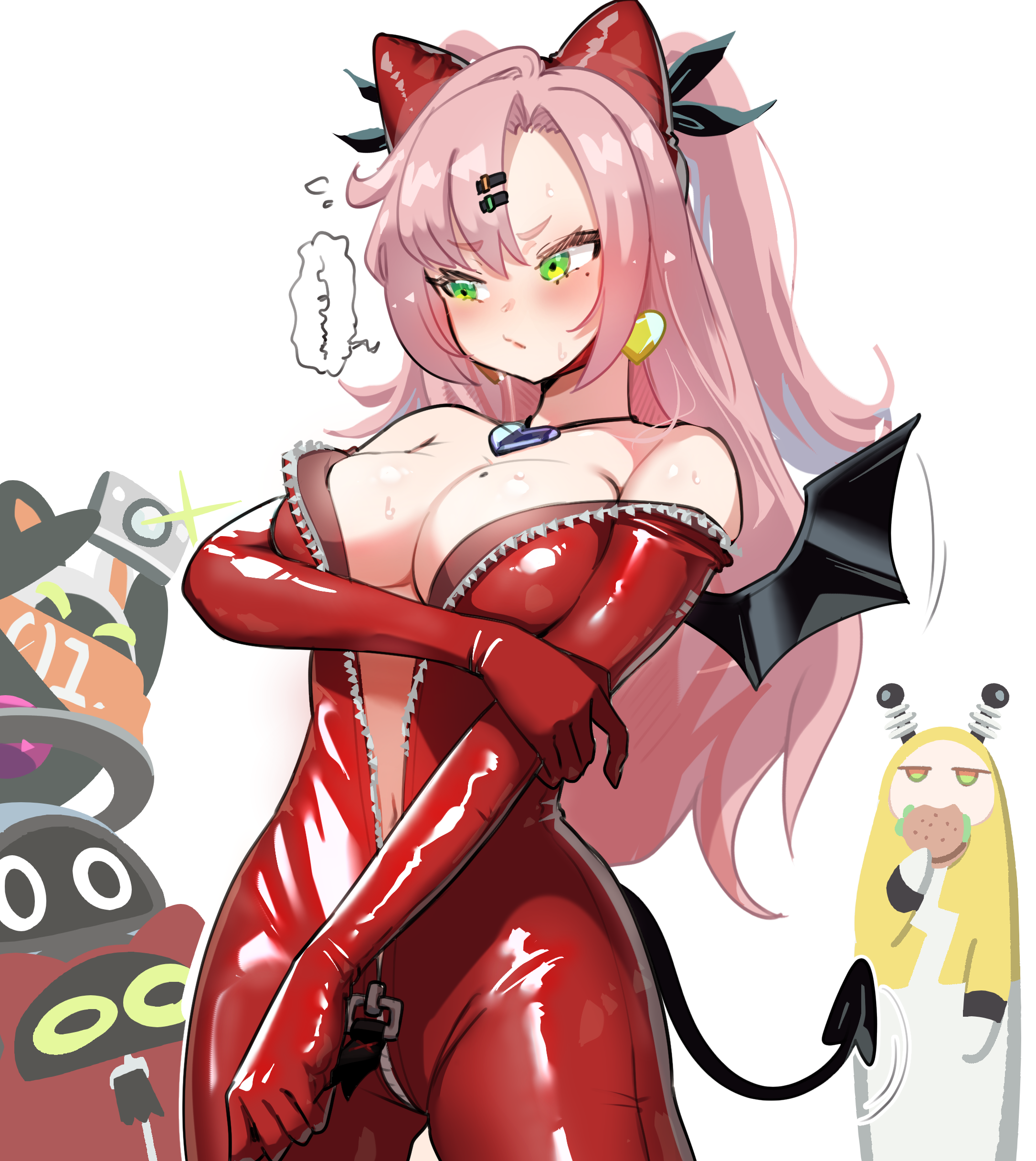 2girls alternate_costume anby_demara bangboo_(zenless_zone_zero) black_wings blonde_hair blush bodysuit breasts burger camera camera_flash catsuit cosplay demon_tail devilboo devilboo_(cosplay) eating eating_food electroboo electroboo_(cosplay) eous_(zenless_zone_zero) female green_eyes hand_on_own_arm heart heart_necklace holding_camera holding_food holding_object horns jewelry jitome large_breasts latex long_hair mole_(marking) mole_on_breast mole_under_eye navel necklace nicole_demara open_bodysuit open_clothes pink_hair red_bodysuit red_horns resonaboo speech_bubble spoken_squiggle squiggly_lines sweat tail taking_picture unzipped unzipped_bodysuit wings yoruniyoruyoshi zenless_zone_zero zipper