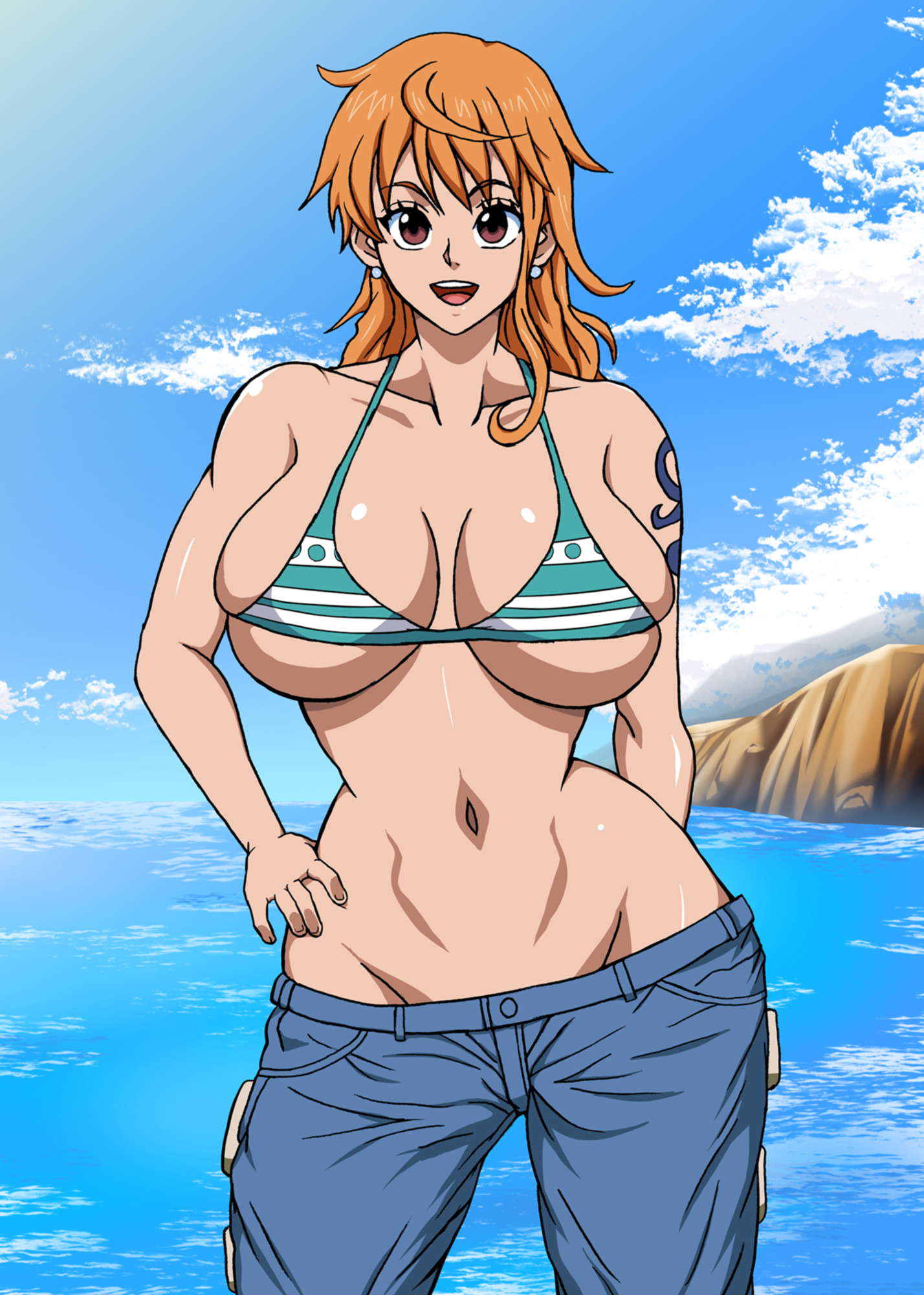 naruho, nami, one piece, bikini top, earrings, jeans, orange hair, red eyes...