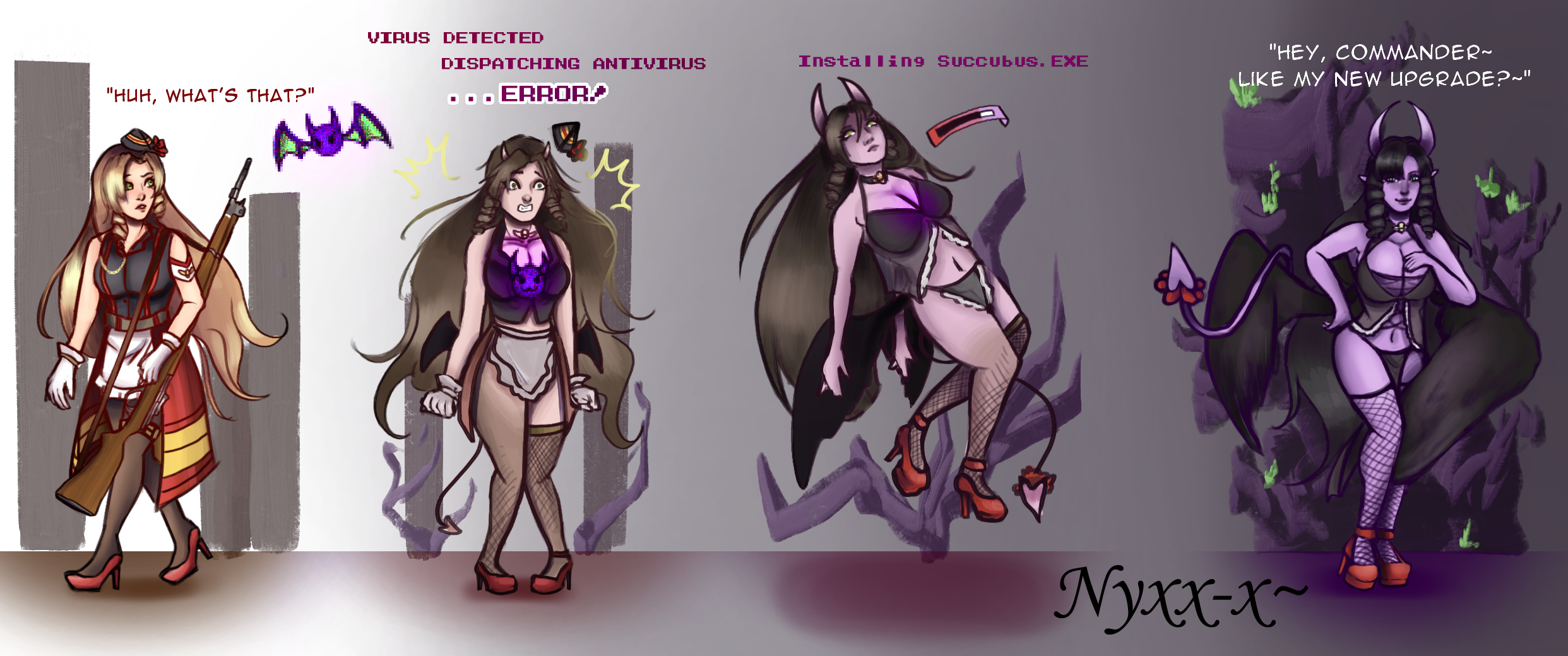 high heels, horns, large breasts, nyxx-x, purple skin, succubus, transforma...