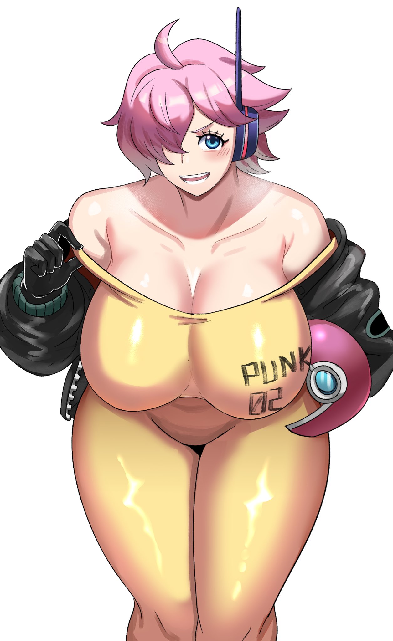 ytrall, one piece, white background, 1girls, big breasts, blue eyes, blush, bodysuit, breasts, eye contact, female, female only, hair over one eye, headphones, huge breasts, light-skinned female, looking at viewer, pink hair, shiny clothes, short hair, skin tight, skindentation, solo, thick thighs, thighs, vegapunk lilith, 