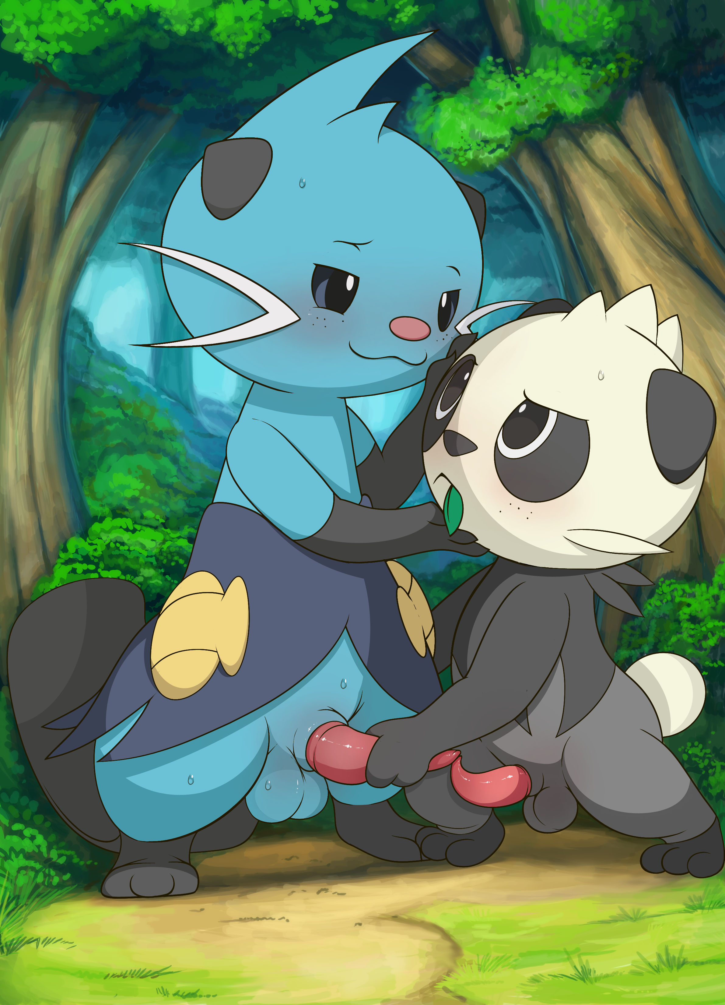 tricksta, dewott, pancham, nintendo, pokemon bw, pokemon xy, hi res, 2boys, 3 toes, animal genitalia, animal penis, bear, big penis, big testicles, black eyes, black fur, blue eyes, blue fur, blush, bush, day, erection, feet, feral, forest, freckles, frottage, furry, gay, grass, grey fur, half-closed eyes, hand on head, handjob, interspecies, leaf, long penis, male, male only, mammal, masturbation, mouth hold, mustelid, no nipples, nude, otter, outdoors, outside, panda, paws, penis, penises touching, pokemon, seashell, sex, size difference, smile, standing, sweat, tail, tapering penis, testicles, tree, video games, yaoi, 