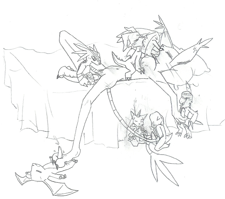 agumon, armadillomon, armadimon, gabumon, gatomon, hawkmon, patamon, tailmon, v-mon, veemon, digimon, sketch, breasts, female, foot fetish, footjob, group, group sex, male, oral, orgy, sex, 