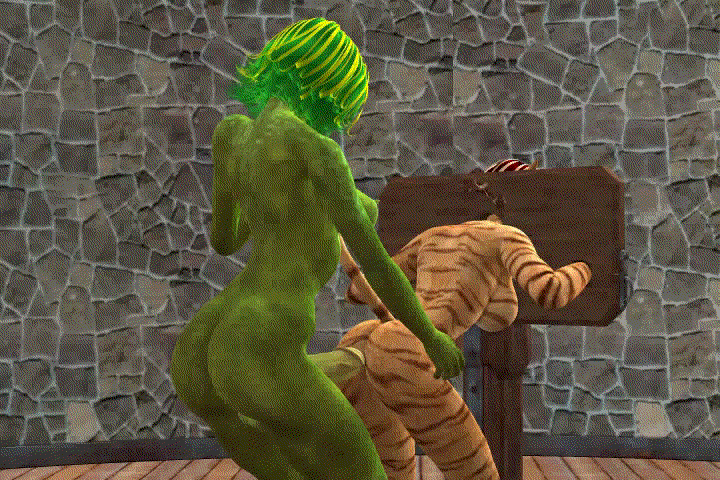 dakkar107, 3d, animated, anal, anal sex, anthro, ass, back, bent over, bondage, breasts, domination, erection, feline, female, from behind, fur, furry, futa on female, futanari, green skin, hair, humanoid penis, intersex, lizard, nipples, nude, penetration, penis, raised tail, scalie, sex, short hair, sideboob, standing, stocks, stripes, tail grab, tiger, torso grab, wood, 