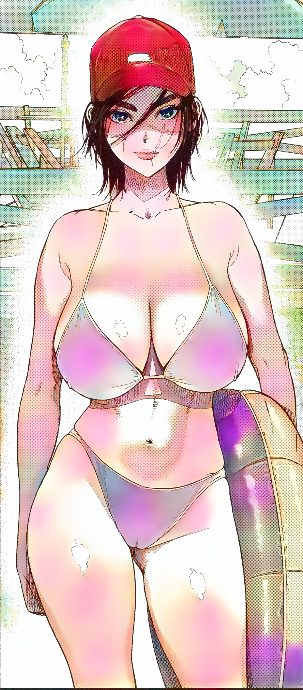 kimidake, golden kamuy, edited, big breasts, bikini, busty, cameltoe, cap, dark hair, genderswap (mtf), hat, large breasts, pool, poolside, sexy, short hair, sugimoto saichi, swimsuit, voluptuous, voluptuous female, 