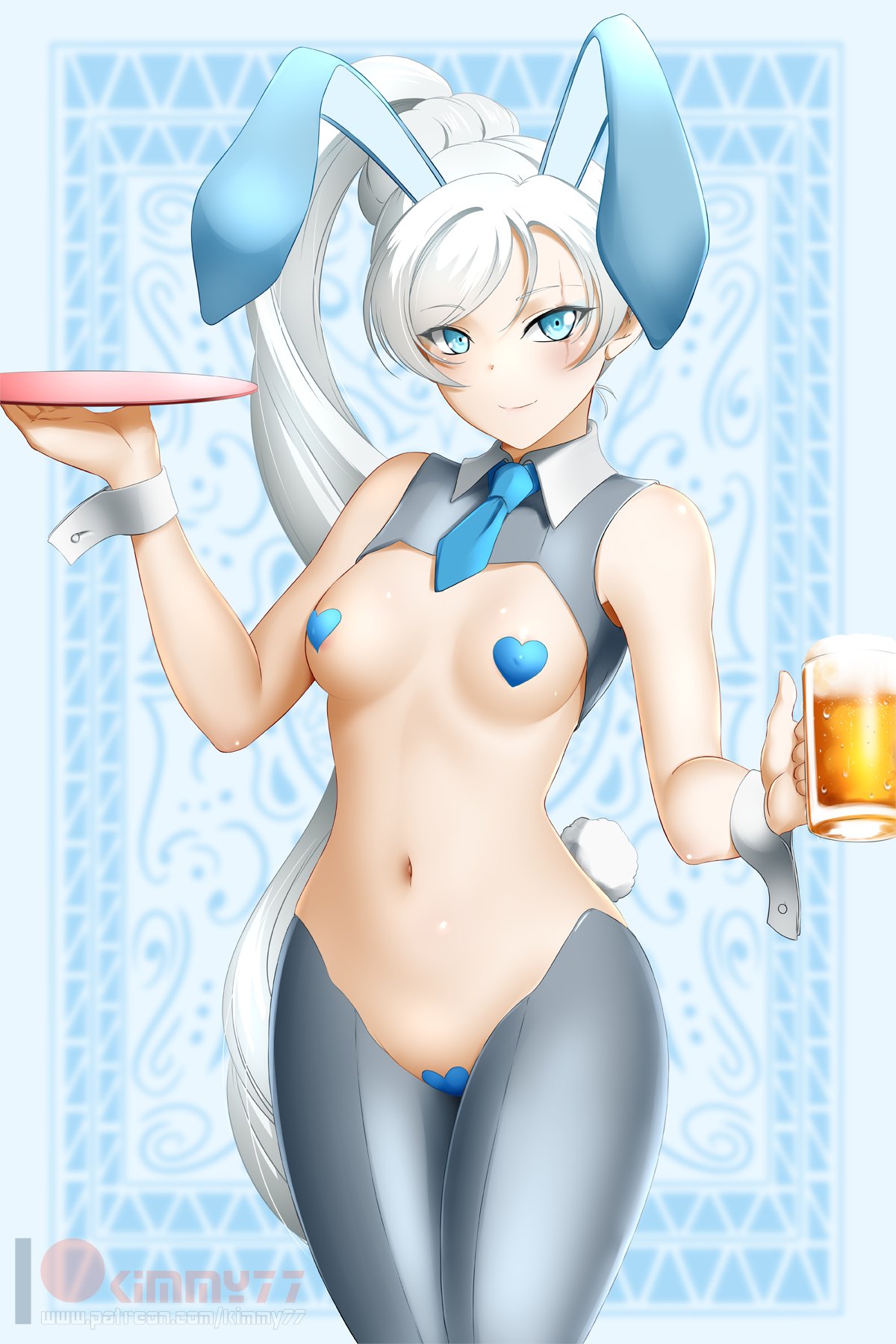 kimmy77, weiss schnee, rwby, 1girls, breasts, bunny ears, bunny girl, bunnysuit, cleavage, female, female only, pasties, reverse bunnysuit, 