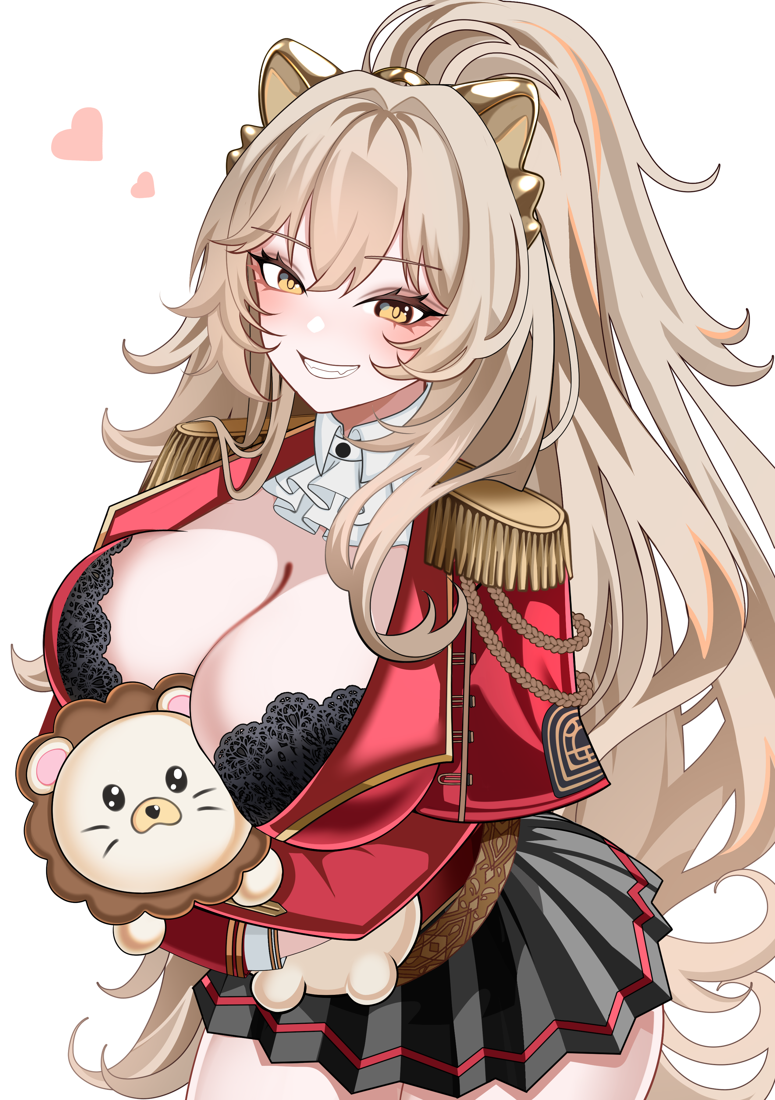 aiguillette animal_ears ascot azur_lane belt black_bra black_skirt blush bra breasts brown_hair cg cleavage epaulettes female grin heart holding jacket lace-trimmed_bra large_breasts lion_(azur_lane) lion_ears long_hair long_sleeves looking_at_viewer miniskirt official_alternate_costume pleated_skirt ponytail red_jacket simple_background skirt smile solo stuffed_animal stuffed_toy teddy_bear teeth underwear very_long_hair white_ascot white_background yellow_eyes