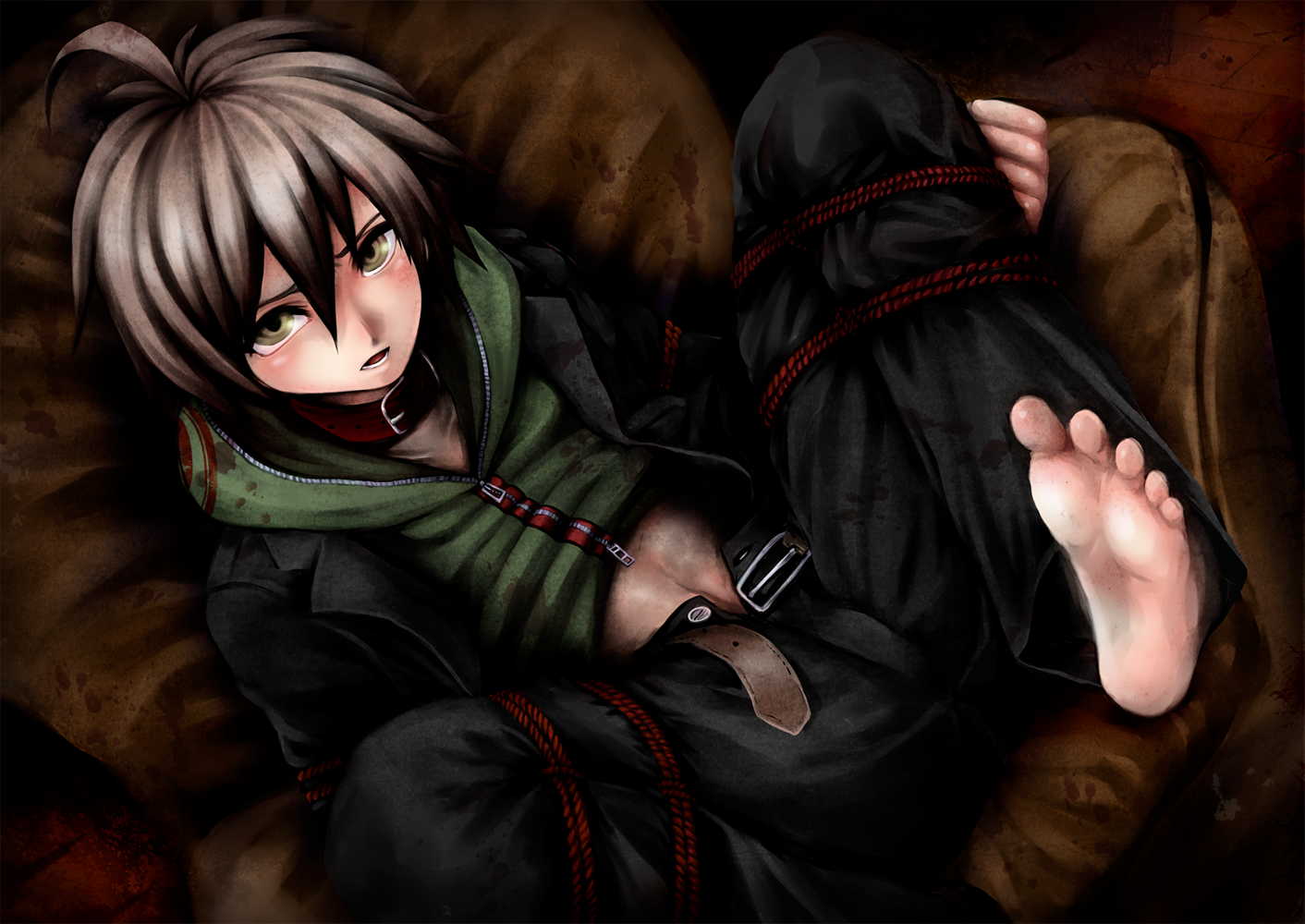 naegi makoto, danganronpa, tagme, 1boy, barefoot, blush, brown hair, lookin...