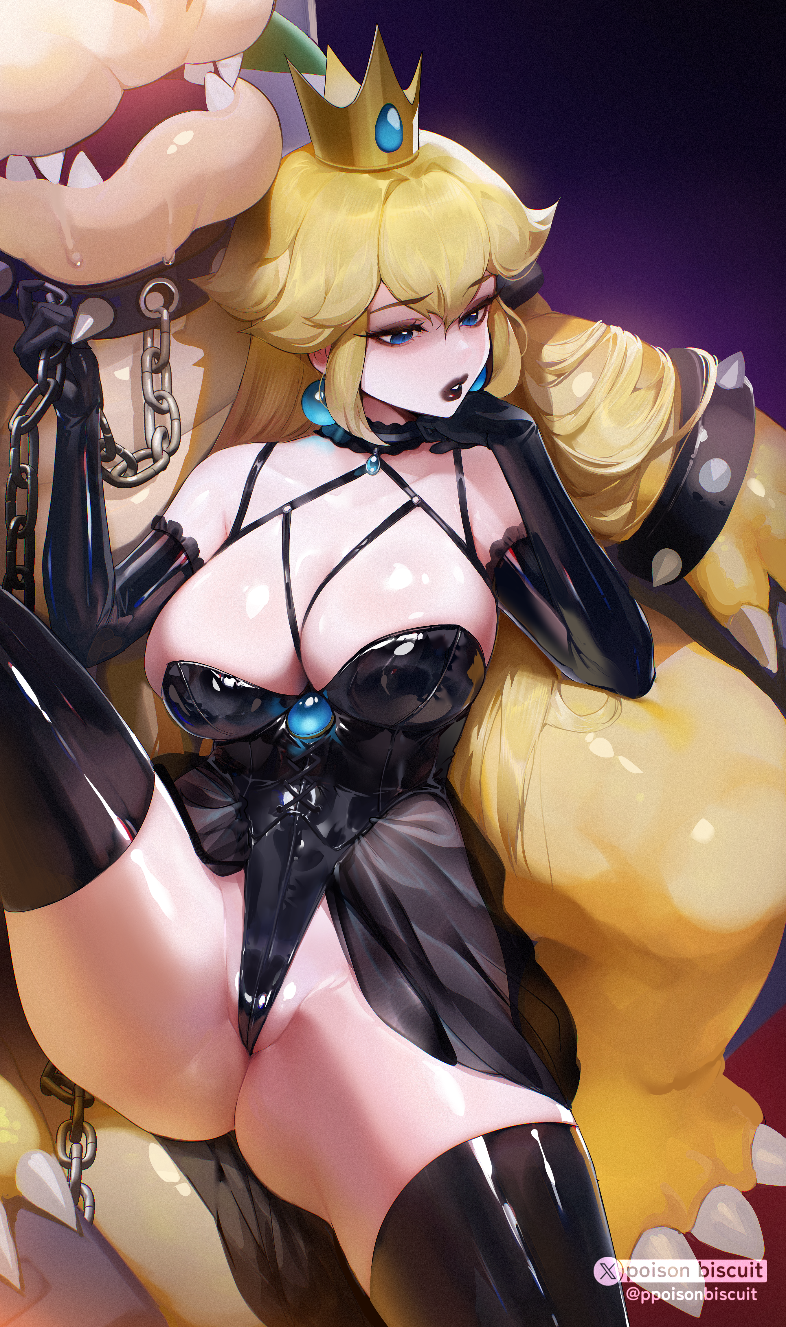 1boy 1girls absurdres black_dress black_gloves black_leotard black_lips black_thighhighs blonde_hair bowser bowsette bowsette_(cosplay) breasts chain_leash chains collar cosplay crown dress elbow_gloves female gloves highres himerin large_breasts latex latex_gloves latex_thighhighs leash leotard long_hair mario_(series) nintendo princess_peach spiked_collar spikes thighhighs