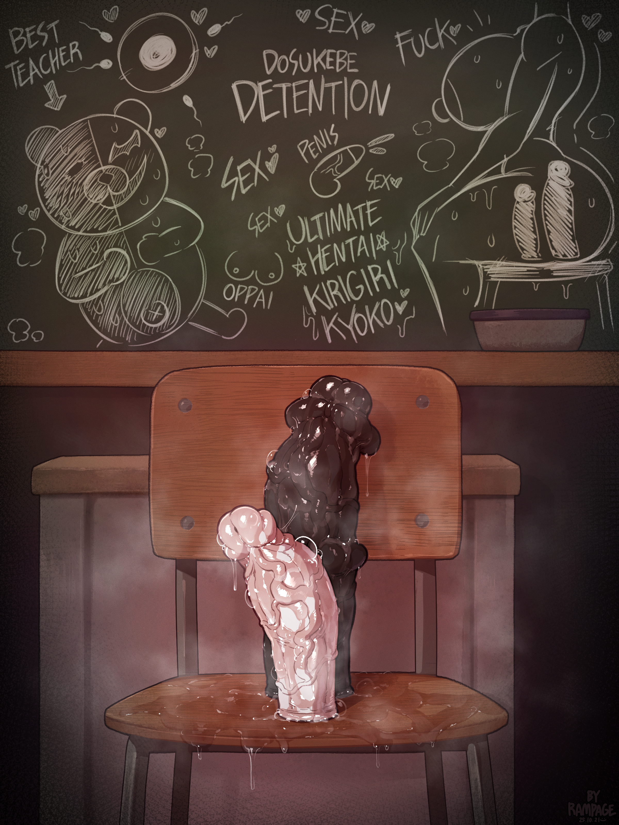 bear big_breasts big_thighs blackboard breasts chair classroom curvy curvy_figure danganronpa dildo female glasses huge_breasts huge_thighs monokuma nipples pussy pussy_juice rampage0118 teddy_bear voluptuous voluptuous_female