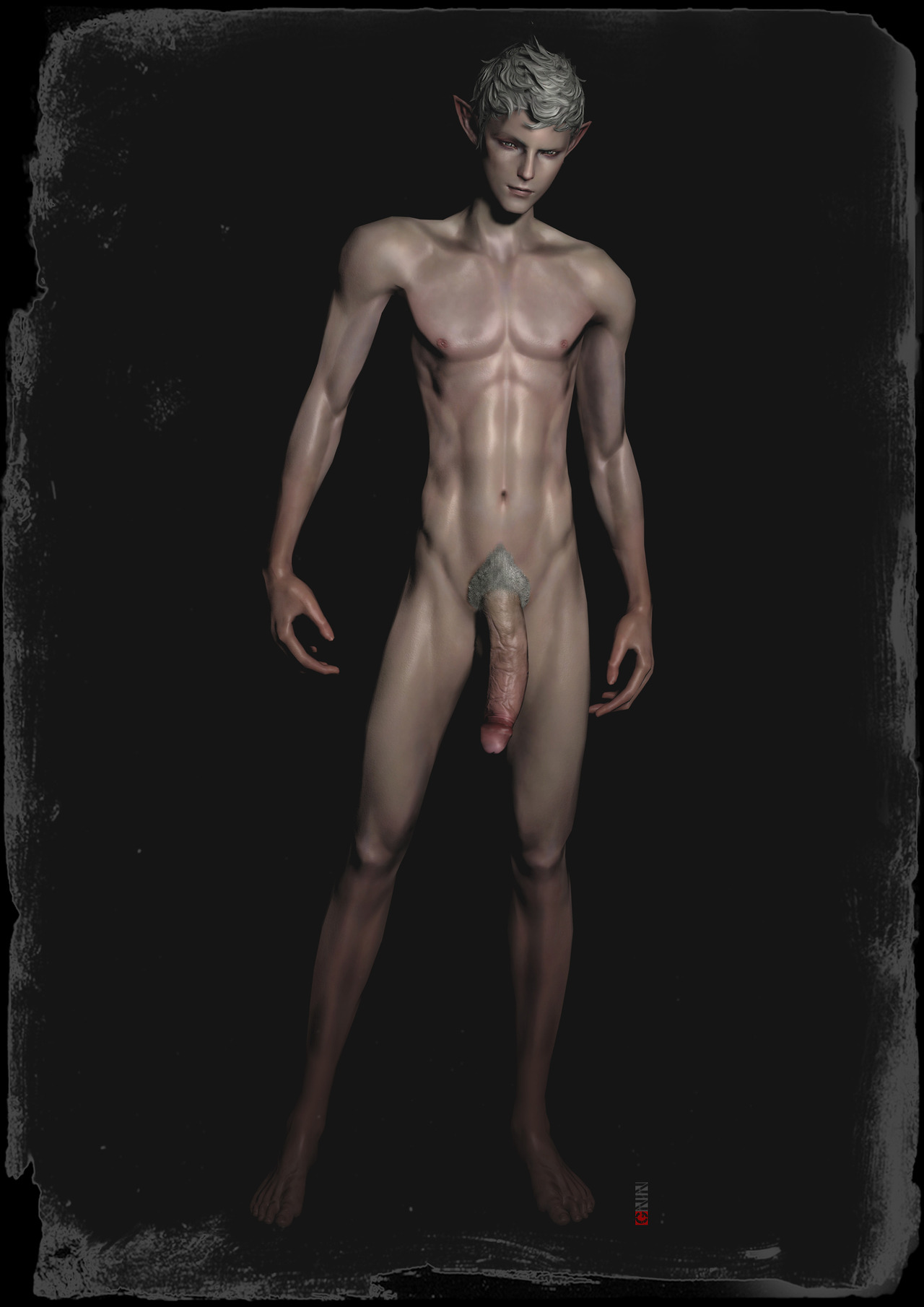 gninrom, high elf, 3d, tagme, 1boy, barefoot, male, male only, pointy ears, solo, white hair, 