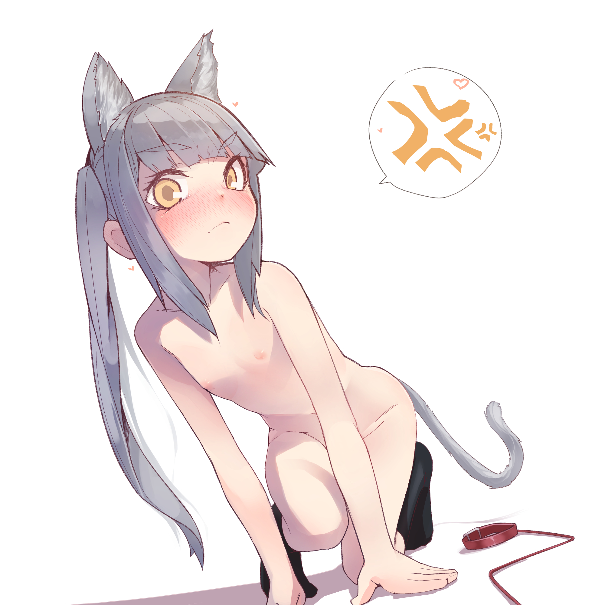 kantai collection, simple background, speech bubble, white background, 1girls, all fours, anger vein, angry, animal ears, bangs, black legwear, blunt bangs, blush, cat ears, cat girl, cat tail, closed mouth, collar, collar removed, collarbone, convenient arm, dutch angle, embarrassed, eyebrows visible through hair, female focus, flat chest, full body, grey hair, heart, kasumi (kancolle), kneehighs, leaning forward, leash, long hair, navel, nipples, nose blush, nude, sidelocks, solo, spoken anger vein, spoken heart, tail, tears, tied hair, tsuzuri (tu-san house), twintails, v-shaped eyebrows, yellow eyes, 