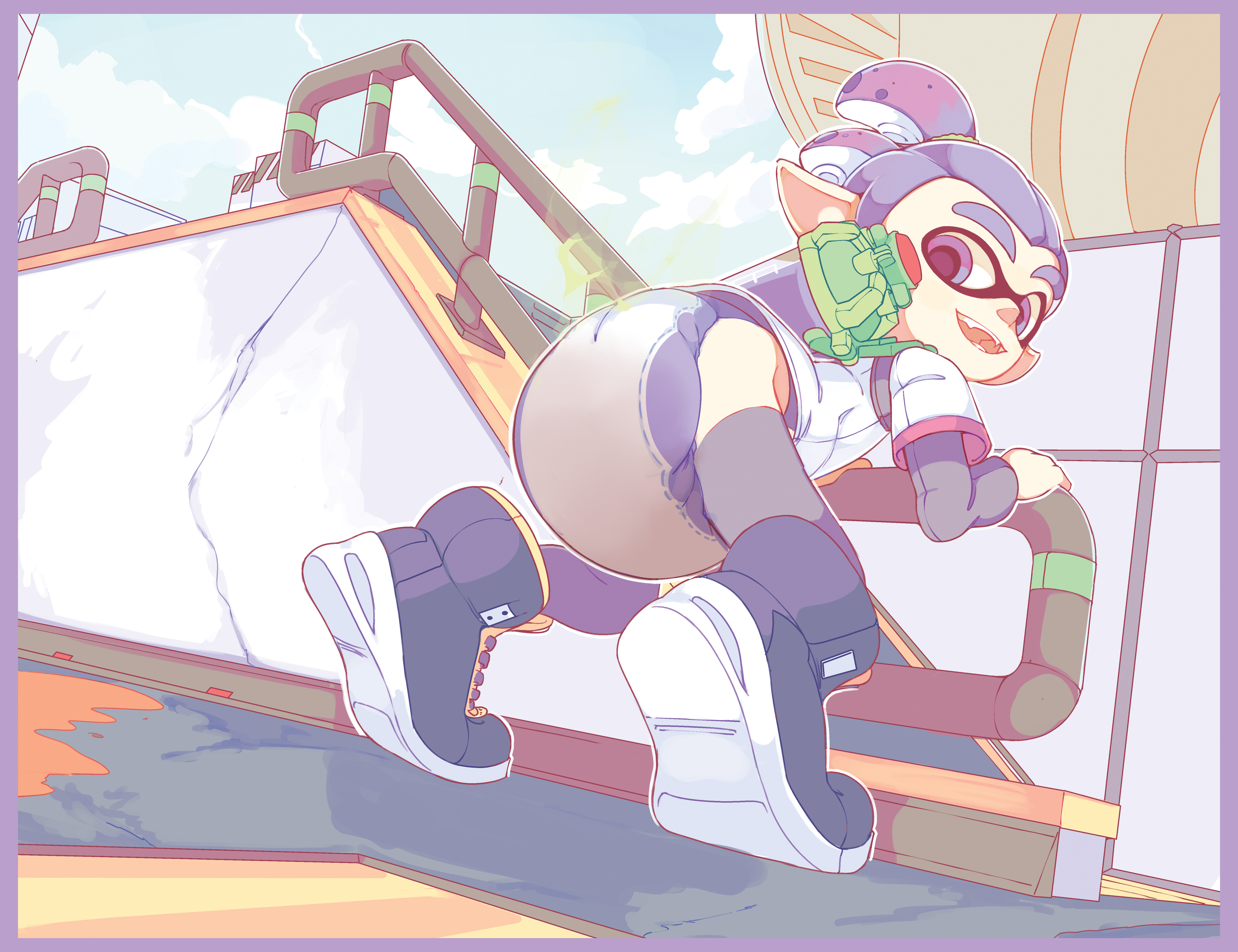 inkling, splatoon (series), high resolution, very high resolution, 1boy, :d, bent knees, blue eyes, blue hair, cloud, day, diaper, domino mask, extreme content, fangs, from behind, full body, grey shirt, hand on railing, hollydiver234, ink tank (splatoon), light-skinned male, looking at viewer, looking back, looking back at viewer, male, male only, mask, messy diaper, open-mouth smile, open mouth, outdoors, pointed ears, railing, scat, shirt, shoes, short hair, short over long sleeves, sky, smell, smile, solo, solo male, source:https://www.furaffinity.net/view/40616167/, t-shirt, tentacle hair, tied hair, tiptoes, white shirt, 