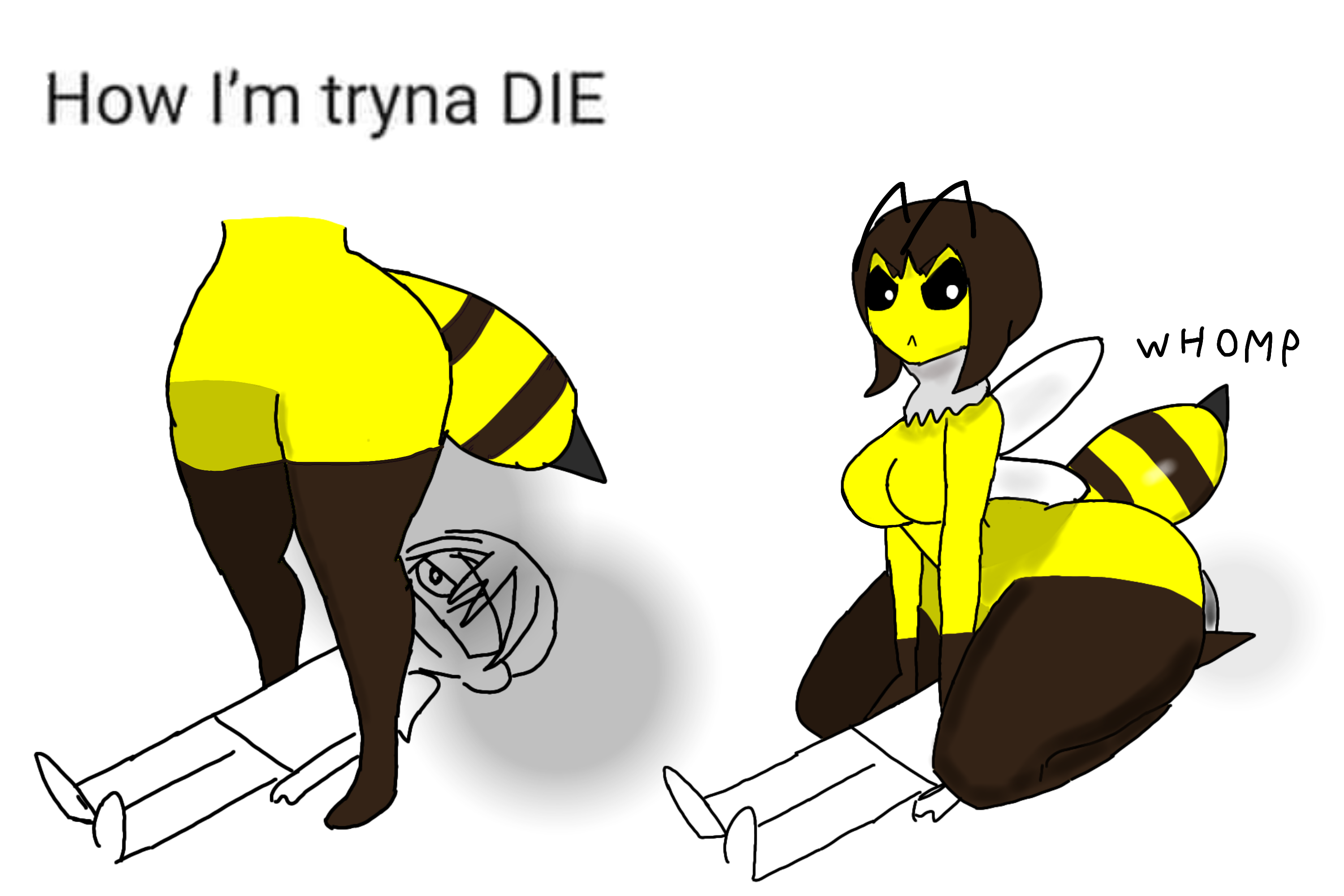 sting, 1girls, bee, big ass, big breasts, big butt, black eyes, death by snoo snoo, evil eyes, evil face, facesitting, larger female smaller male, male, sitting on face, sitting on person, tail, thick thighs, wings, 