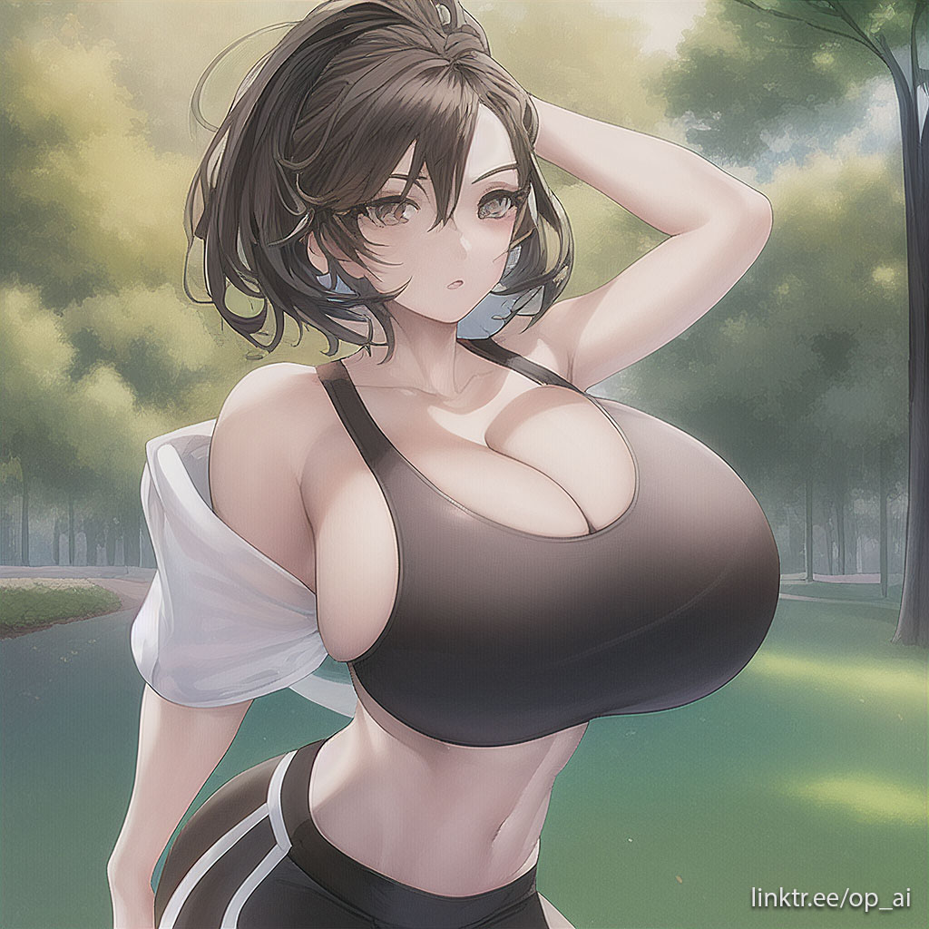 ai generated, brown hair, large breasts, outdoors, sports bra, 