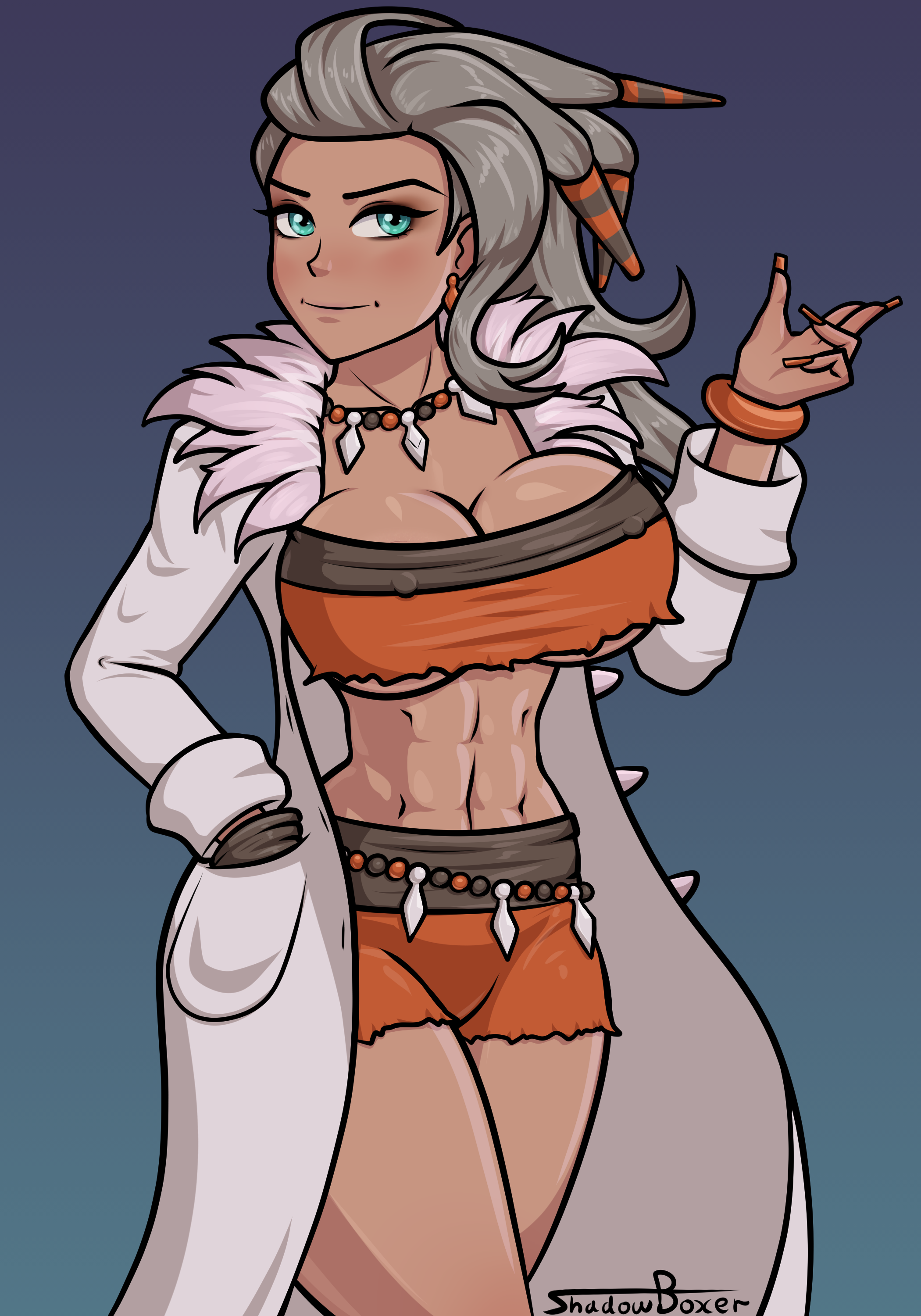 aestheticc-meme, duplicate, simple background, 2girls, abs, ass, blue eyes, breasts, cleavage, clothed, clothing, female, female only, fingerless gloves, gloves, gray hair, looking at viewer, looking back, muscular female, open mouth, open smile, pokeball, pokemon, pokemon professor, ponytail, sada (pokemon), shorts, six pack, smile, sweat, thick thighs, thighhighs over bodystocking, 