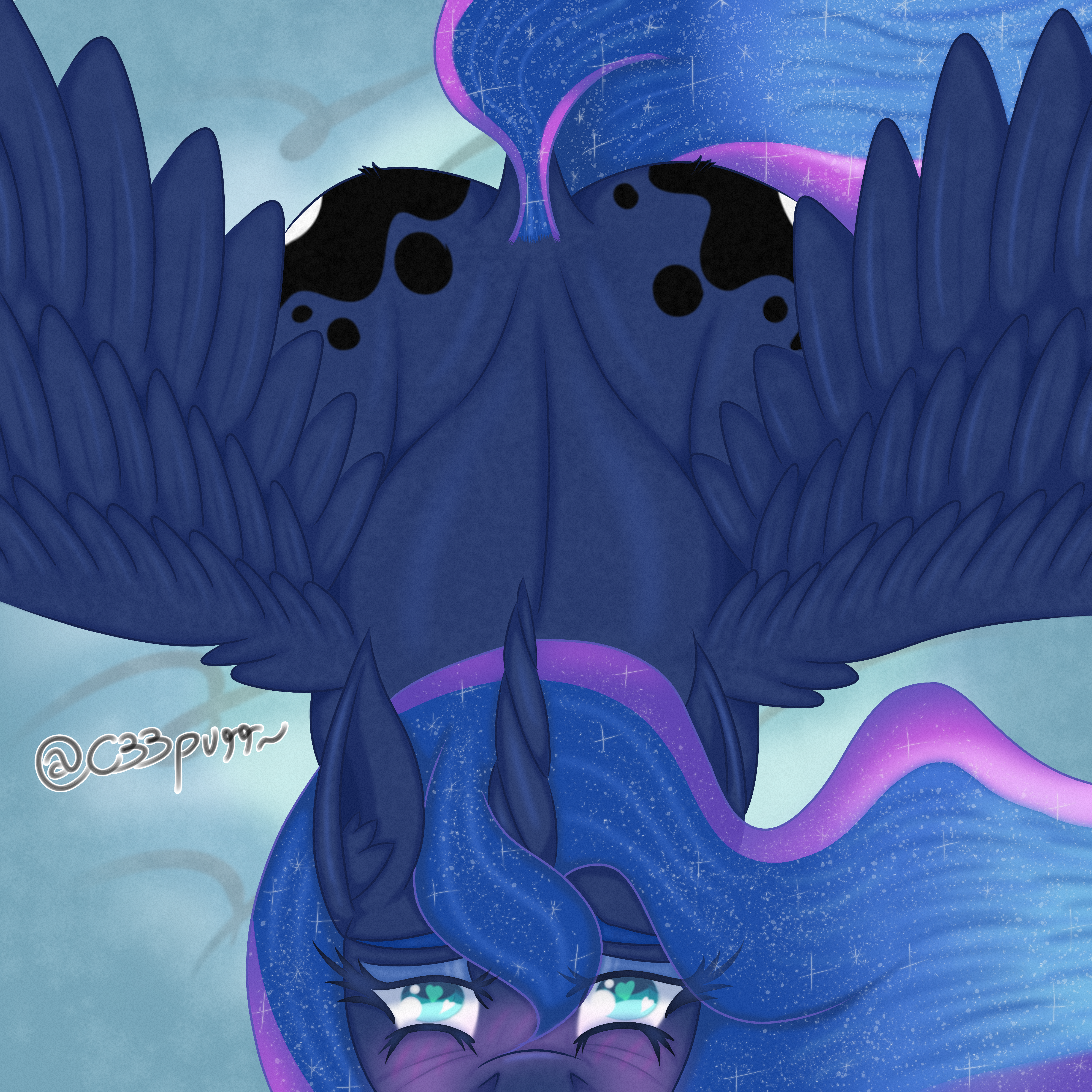 alicorn blowjob blue_fur blue_hair blush c33purr cloud cutie_mark equid equine eyelashes eyeshadow fellatio fellatio_from_feral female female_focus first_person_view friendship_is_magic heart-shaped_pupils horn implied_fellatio implied_oral implied_sex looking_at_viewer my_little_pony offscreen_character pony pov princess_luna_(mlp) spread_wings tail wings