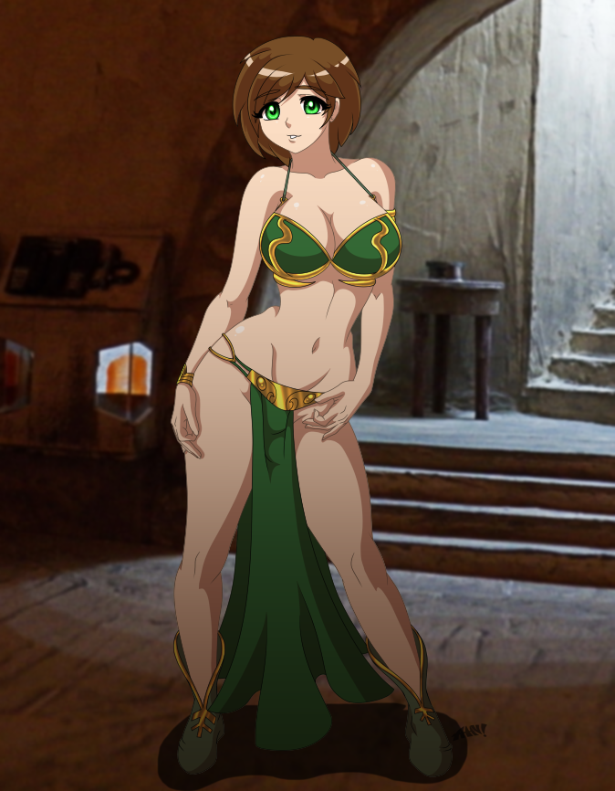 1girls belly_dancer belly_dancer_outfit boots breasts brown_hair child_bearing_hips cleavage dancer dancer_outfit davina_(rebelcommander6) desingahv female femsub green_eyes harem_girl harem_outfit jabba's_palace large_breasts short_hair slave slave_bikini slave_girl slave_leia_(cosplay) slave_outfit star_wars submissive_female