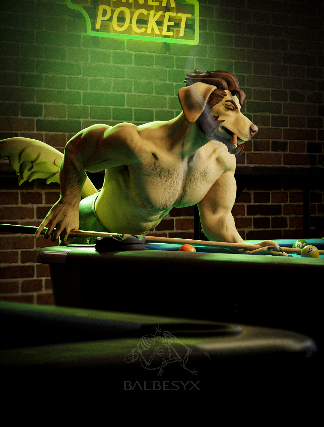 3d abs anthro arm_hair ashtray athletic bar billiard_table bird_dog blender_cycles body_hair canid canine canis chaps chaps_only chest_hair cigar clothing cue_stick digital_media_(artwork) domestic_dog furniture hi_res hunting_dog leather leather_clothing male mammal mickey_the_retriever muscular muscular_anthro muscular_male neon_sign pecs retriever sign smoke solo table yabalbes