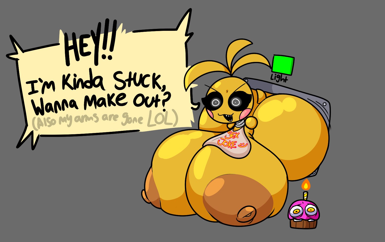 cupcake (fnaf), toy chica (fnaf), speech bubble, text, big ass, big breasts, big butt, black and white eyes, huge ass, huge breasts, lewdmaya, stuck, thick ass, 