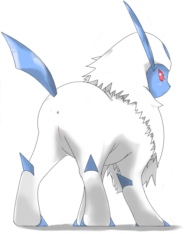 artist request, absol, nintendo, pokemon rse, edit, white background, 1girls, all fours, anus, ass, blue skin, blush, canine, claws, eyelashes, feet, female, furry, half-closed eyes, horn, looking at viewer, looking back, nude, paws, pokemon, pussy, red eyes, solo, tail, video games, white fur, 